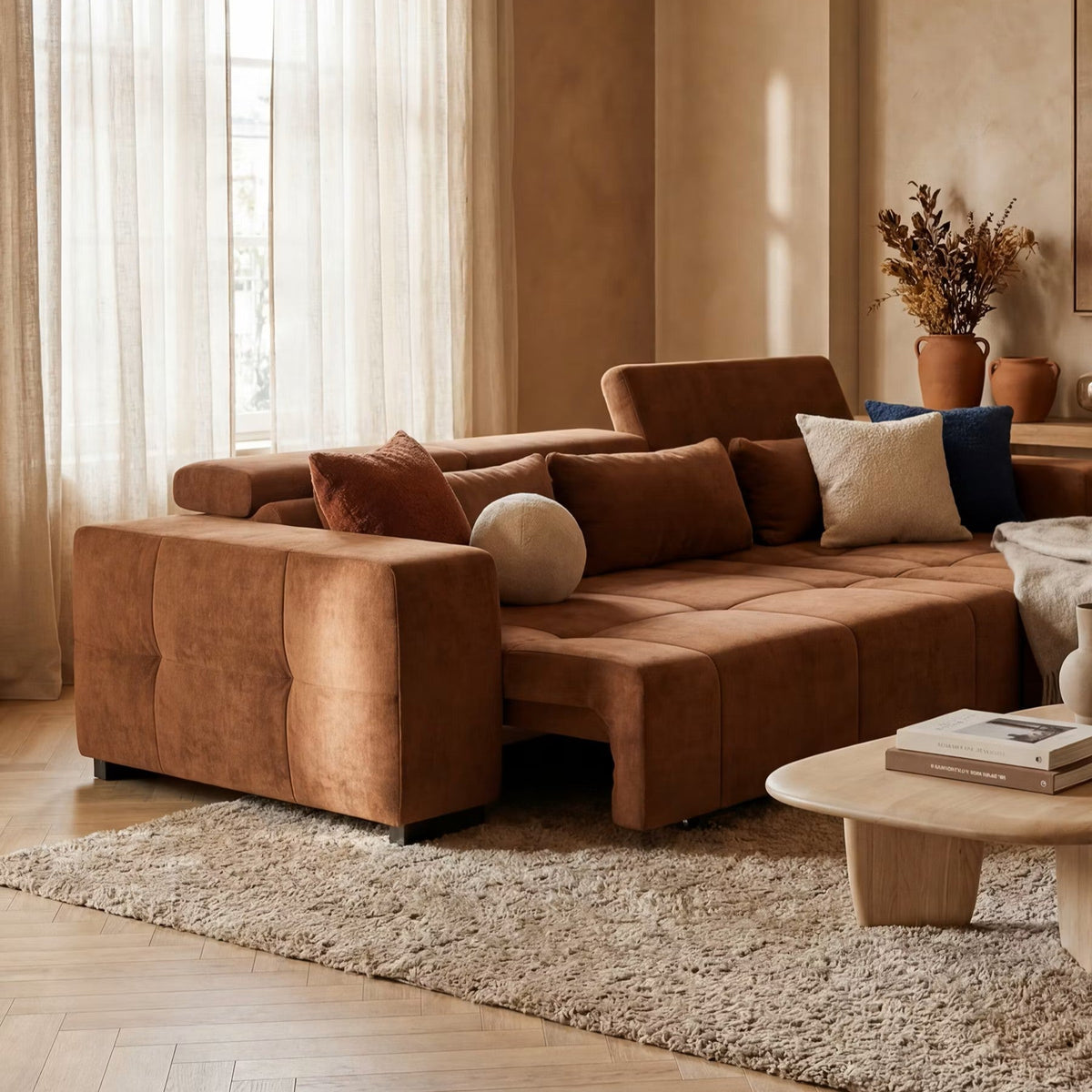Un divano componibile marrone con cuscini viene trasformato in un letto in un accogliente soggiorno con pareti beige, ampie finestre, tende trasparenti, un tappeto dalla trama rigata e un tavolino in legno su cui sono disposti libri e vasi.