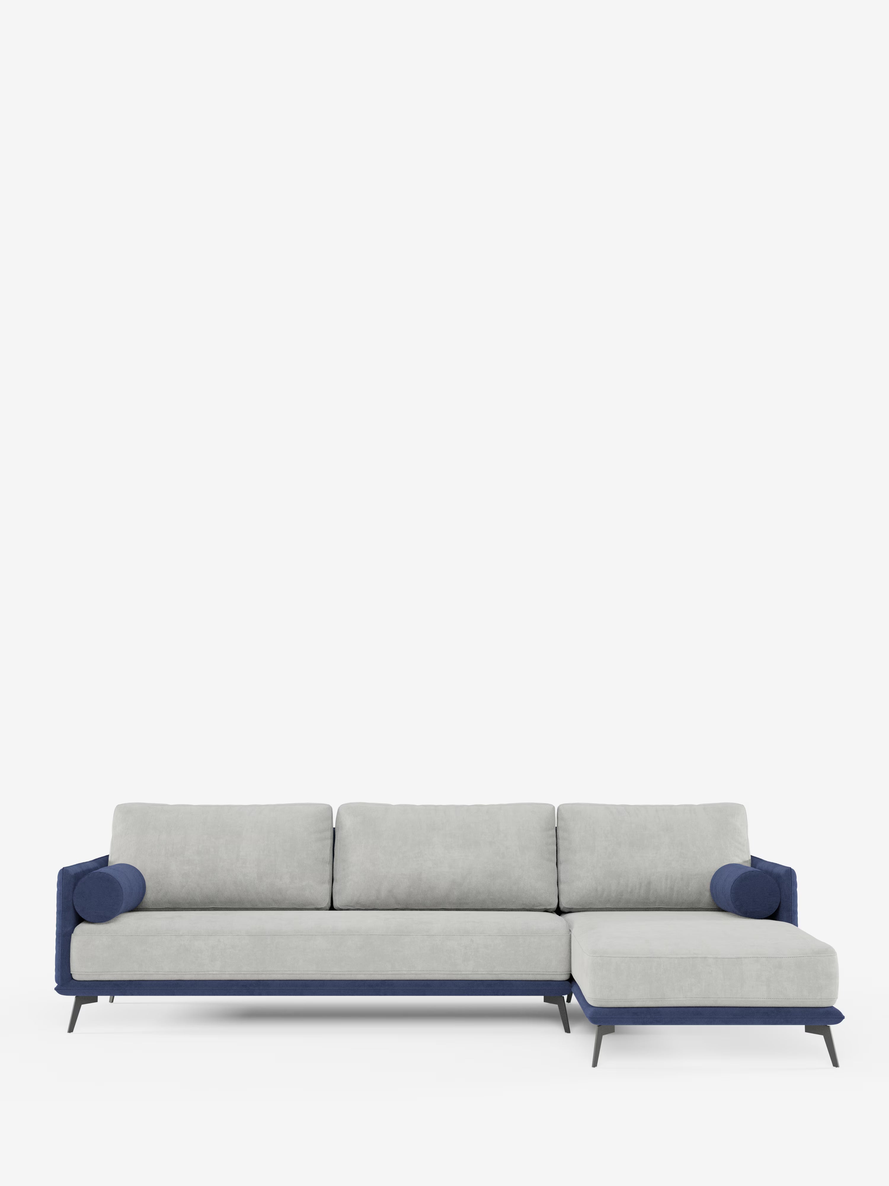 Basaltomodernes Sofa aus Zweifarbiges Ecksofa „Basalto“ mit Ausleger und Metallgestell – Rückenlehnen aus Daunen und fleckenabweisendem Stoff T31 weichem wasserfestem Stoff T03 grau