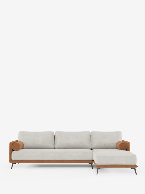Basaltomodernes Sofa aus Zweifarbiges Ecksofa „Basalto“ mit Ausleger und Metallgestell – Rückenlehnen aus Daunen und fleckenabweisendem Stoff T31 weichem wasserfestem Stoff T03 grau