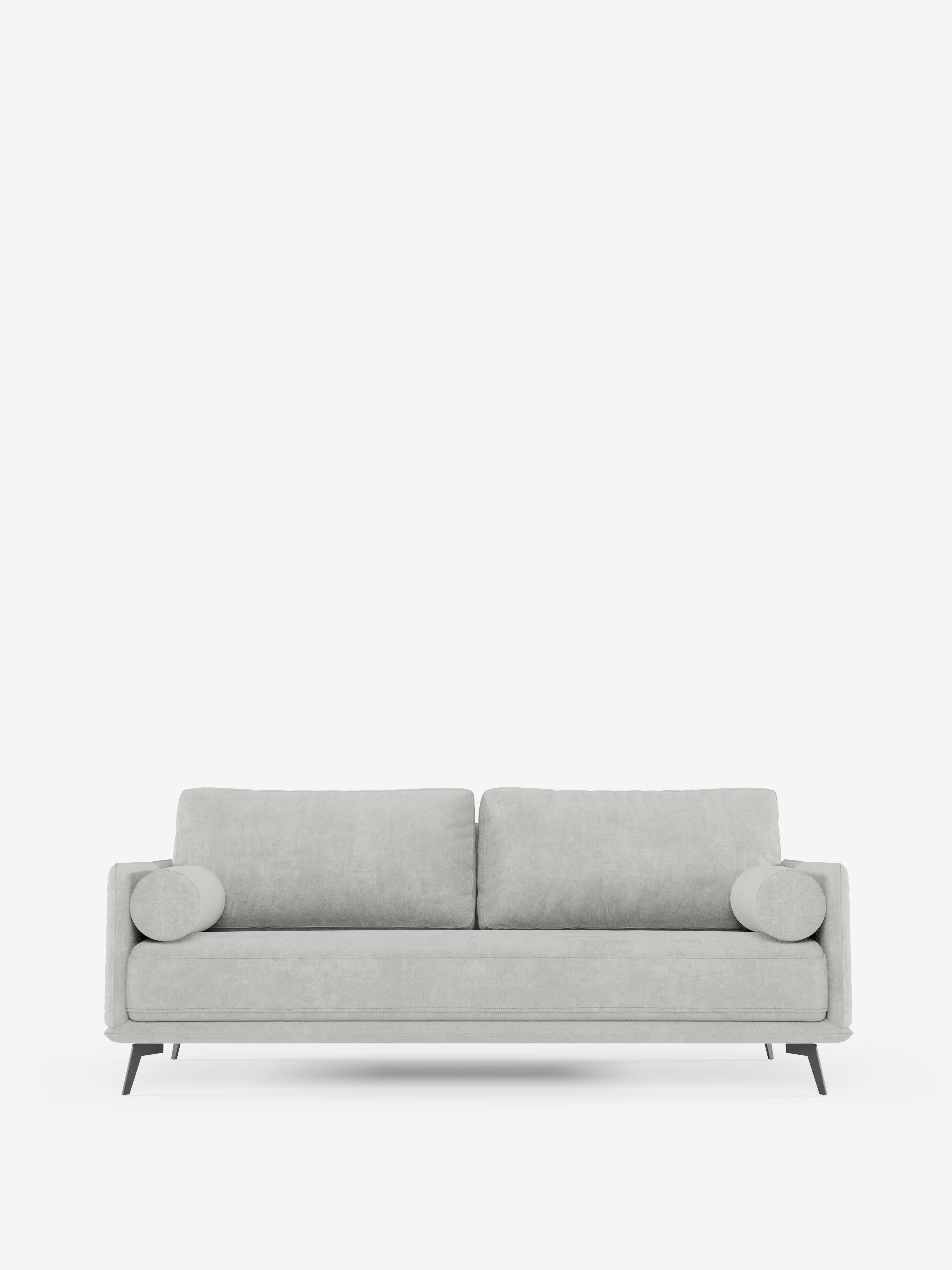 Il divano lineare a 2 posti “Basalto” di Divani.Store, in grigio chiaro e dallo stile moderno, presenta un design con un unico cuscino di seduta e due cuscini dello schienale, ed è sostenuto da sottili gambe angolate in metallo nero su uno sfondo bianco a tinta unita. Rivestito in tessuto smacchiabile T31, questo divano minimalista offre una soluzione elegante e pratica per qualsiasi ambiente contemporaneo.