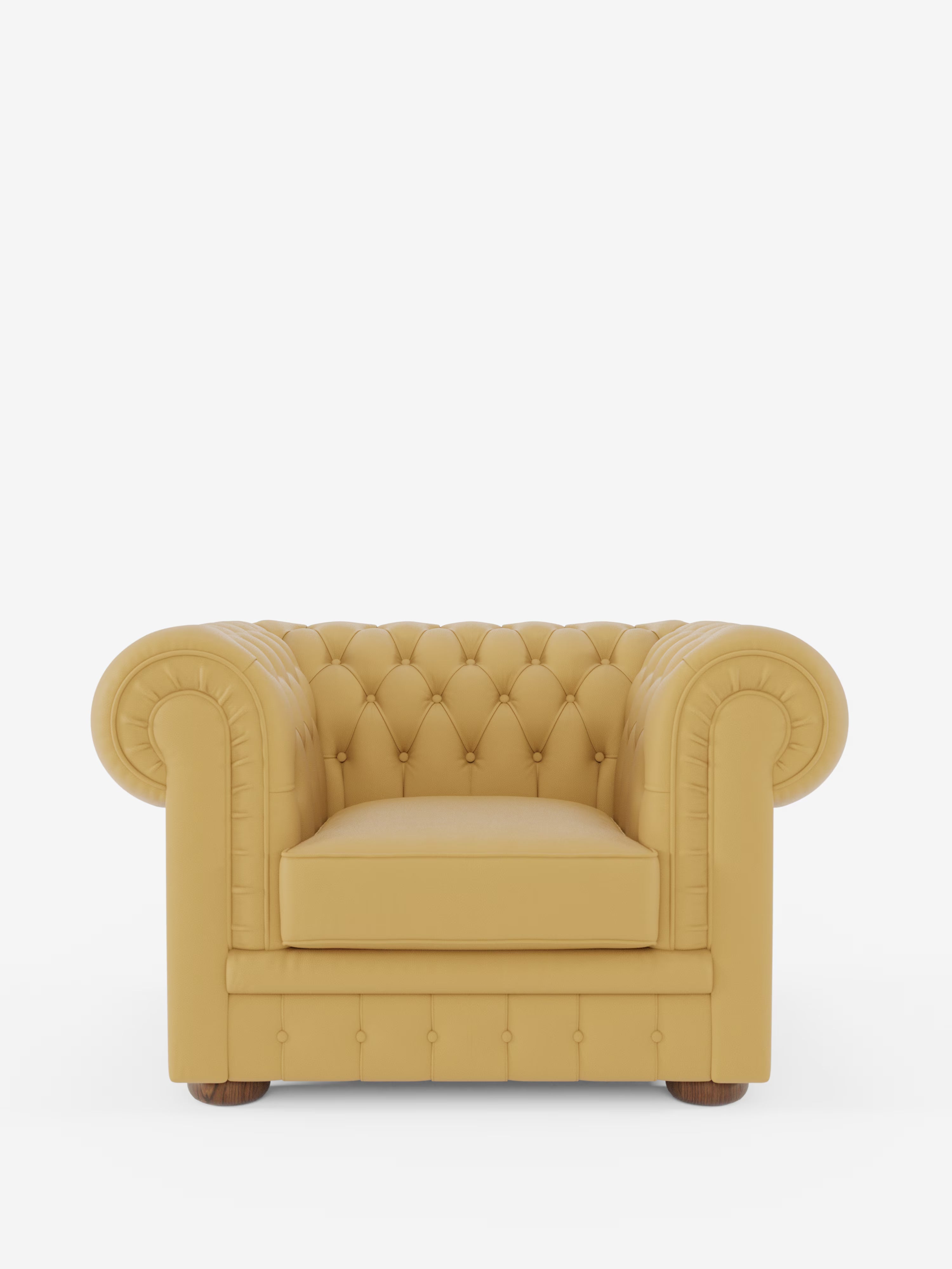 Una poltrona Chester in vera pelle spessorata con capitonné artigianale di Divani.Store, caratterizzata da rivestimento in pelle gialla, classici dettagli capitonné, braccioli arrotondati e seduta profonda, è esposta su gambe corte in legno su uno sfondo bianco a tinta unita.