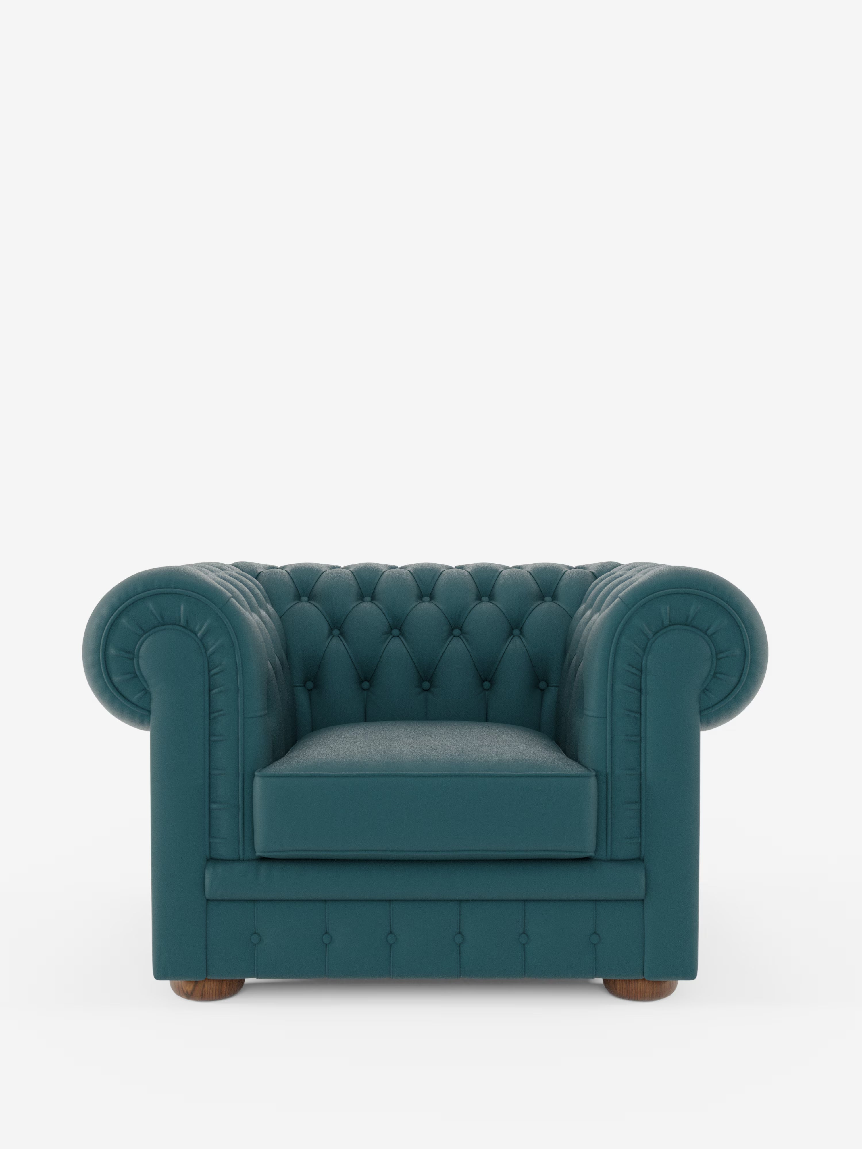 Una poltrona Chester in vera pelle spessorata con capitonné artigianale di Divani.Store, caratterizzata da un motivo trapuntato color verde acqua, braccioli arrotondati e piedini in legno, è esposta rivolta in avanti su uno sfondo bianco a tinta unita.
