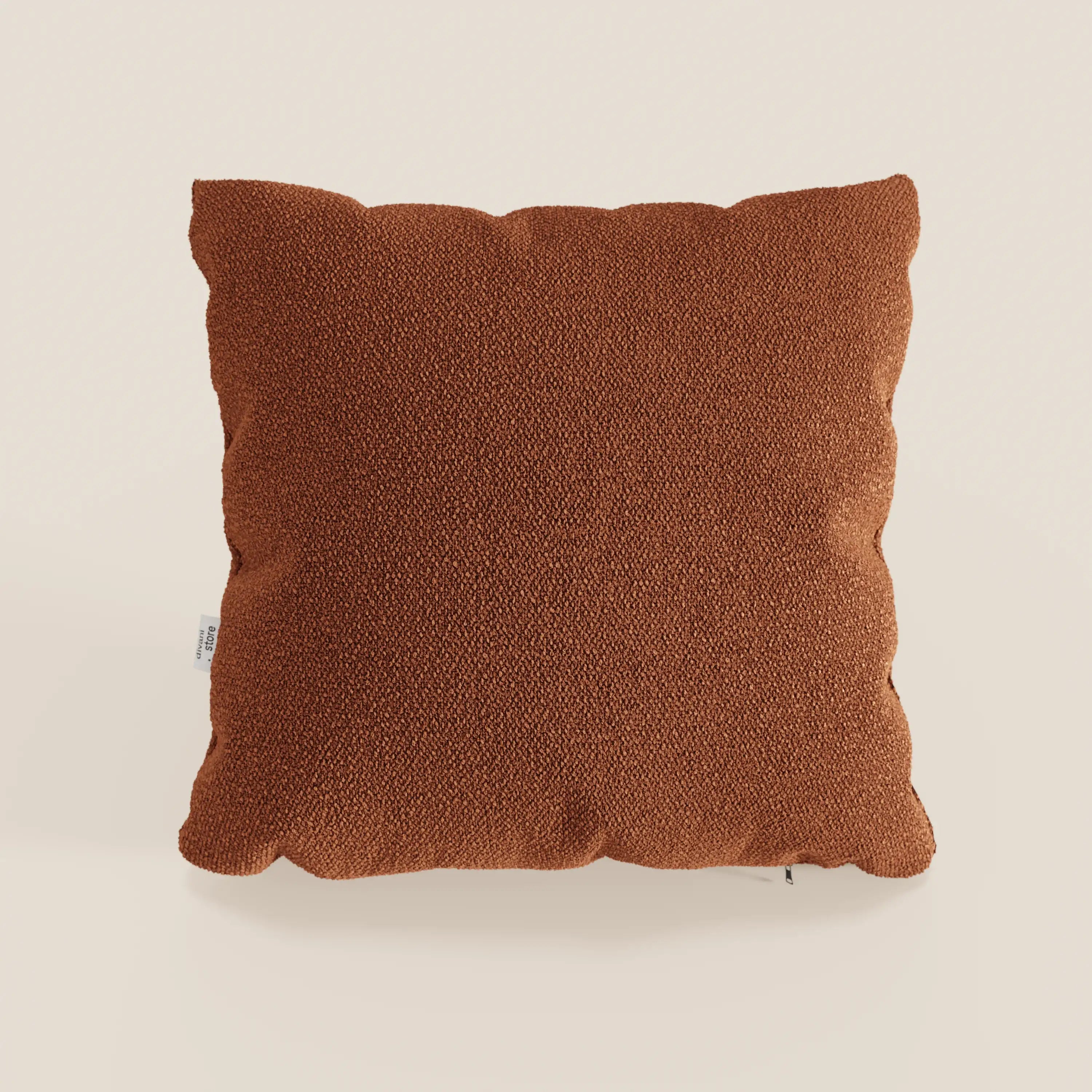Un cuscino Lambada color ruggine di Divani.Store, realizzato in fresco tessuto T33 antimacchia e impermeabile simile al cotone naturale, è posto al centro di uno sfondo tinta unita beige chiaro. Il cuscino in peluche ha bordi arrotondati e piccole etichette laterali.