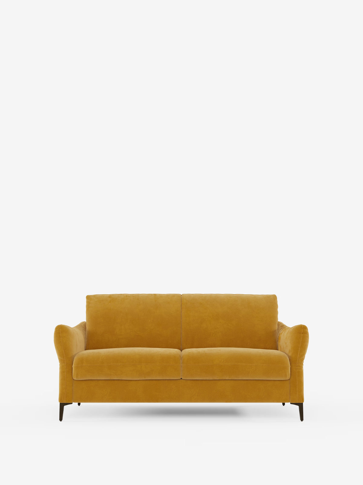 Un divano letto Dalia di Divani.Store, qui presentato in tessuto T30 effetto velluto, colore giallo senape, resistente alle macchie. Caratterizzato da due cuscini di seduta, braccioli dalle curve aggraziate e gambe in legno scuro, questo moderno divano letto trae ispirazione dalle linee essenziali del design scandinavo. Il divano è messo in risalto su uno sfondo bianco a tinta unita, per una presentazione fresca e contemporanea.