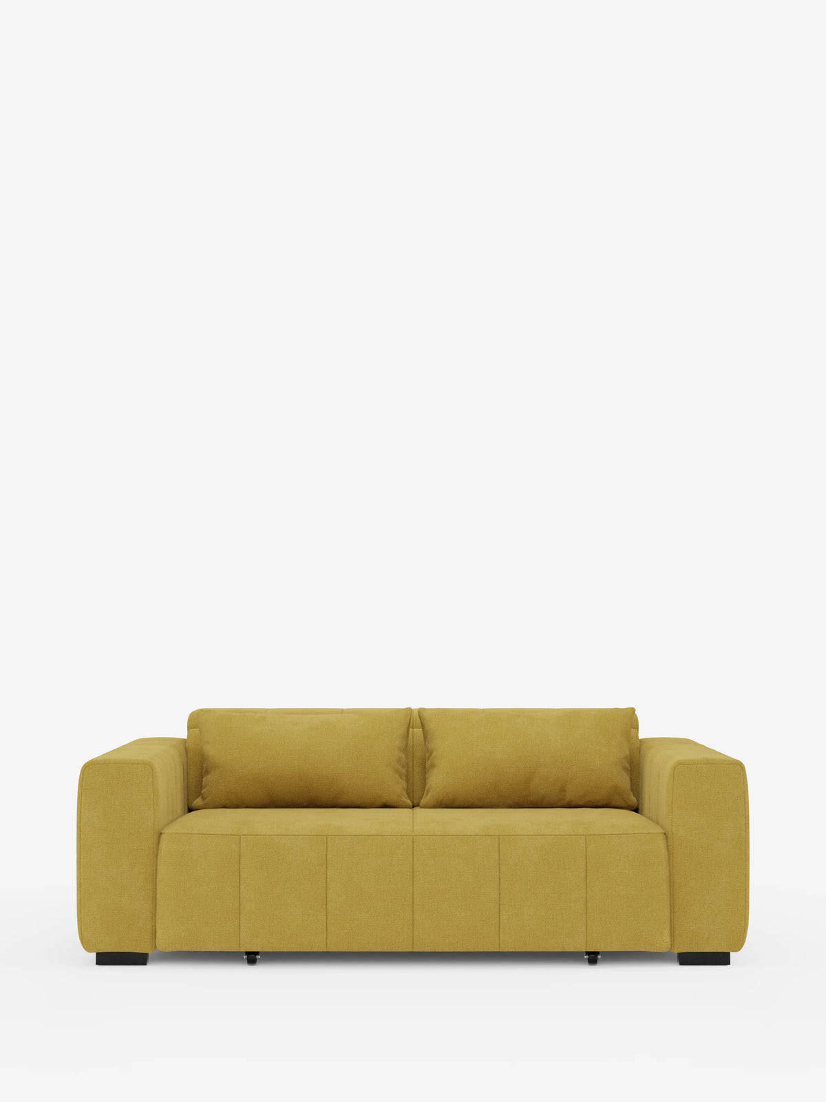 Un divano a 3 posti in stile dorico, moderno e dalle forme squadrate, di colore giallo senape, firmato Divani.Store, con braccioli spessi e due cuscini dello schienale, è posizionato al centro di uno sfondo bianco. Questo modello si caratterizza per le linee pulite, il profilo ribassato, i piedini neri squadrati e le sedute allungabili con funzione relax elettrica e poggiatesta reclinabili, rivestite in tessuto T23 smacchiabile, che gli conferiscono un aspetto minimalista e contemporaneo.