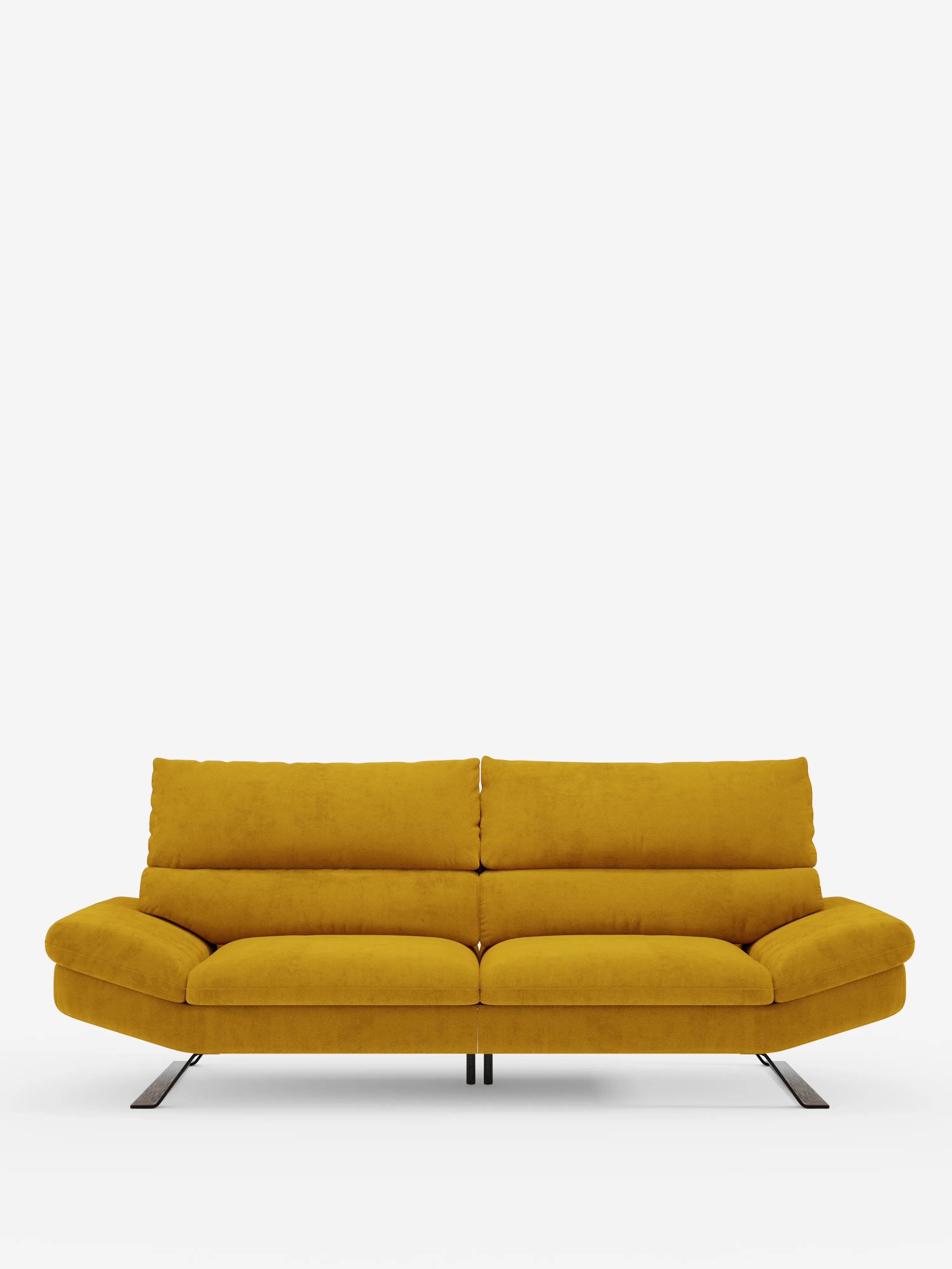 Su uno sfondo bianco a tinta unita, il divano Eclipse dal design moderno di Divani.Store spicca con il suo vivace giallo senape. Questo divano contemporaneo, disponibile nella versione a 2 o 3 posti, è caratterizzato da morbidi cuscini, ampi braccioli, eleganti gambe alte in metallo su entrambi i lati e schienali traslanti, il tutto rivestito in microfibra T11, un tessuto elegante e facile da pulire. La sua silhouette orizzontale esalta il fascino elegante del divano.
