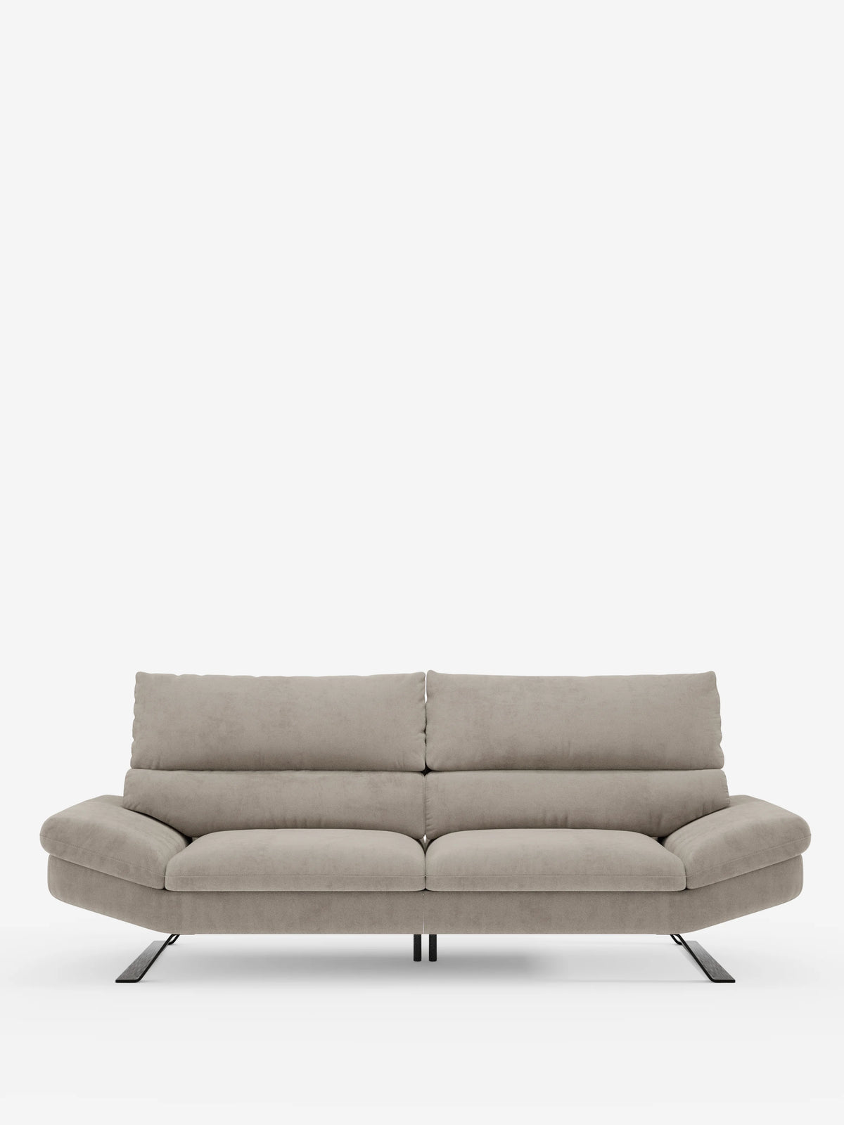 Un divano Eclipse dal design moderno di Divani.Store in grigio chiaro, caratterizzato da due ampie sedute imbottite, braccioli bassi e gambe alte in metallo nero inclinate. Questo divano minimalista e contemporaneo è realizzato in elegante microfibra T11 resistente alle macchie e presenta linee pulite con innovativi schienali traslanti per un comfort modulabile e un sostegno personalizzabile, il tutto su uno sfondo bianco a tinta unita.