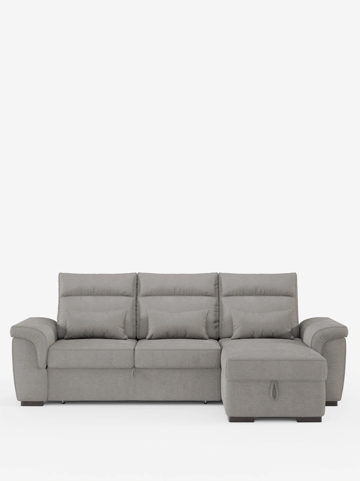 Divano letto angolare Ischia grigio chiaro con schienali scorrevoli, elemento estraibile e penisola contenitore con chaise longue a destra, tre cuscini dello schienale, tre cuscini cilindrici e una base estraibile su sfondo bianco.