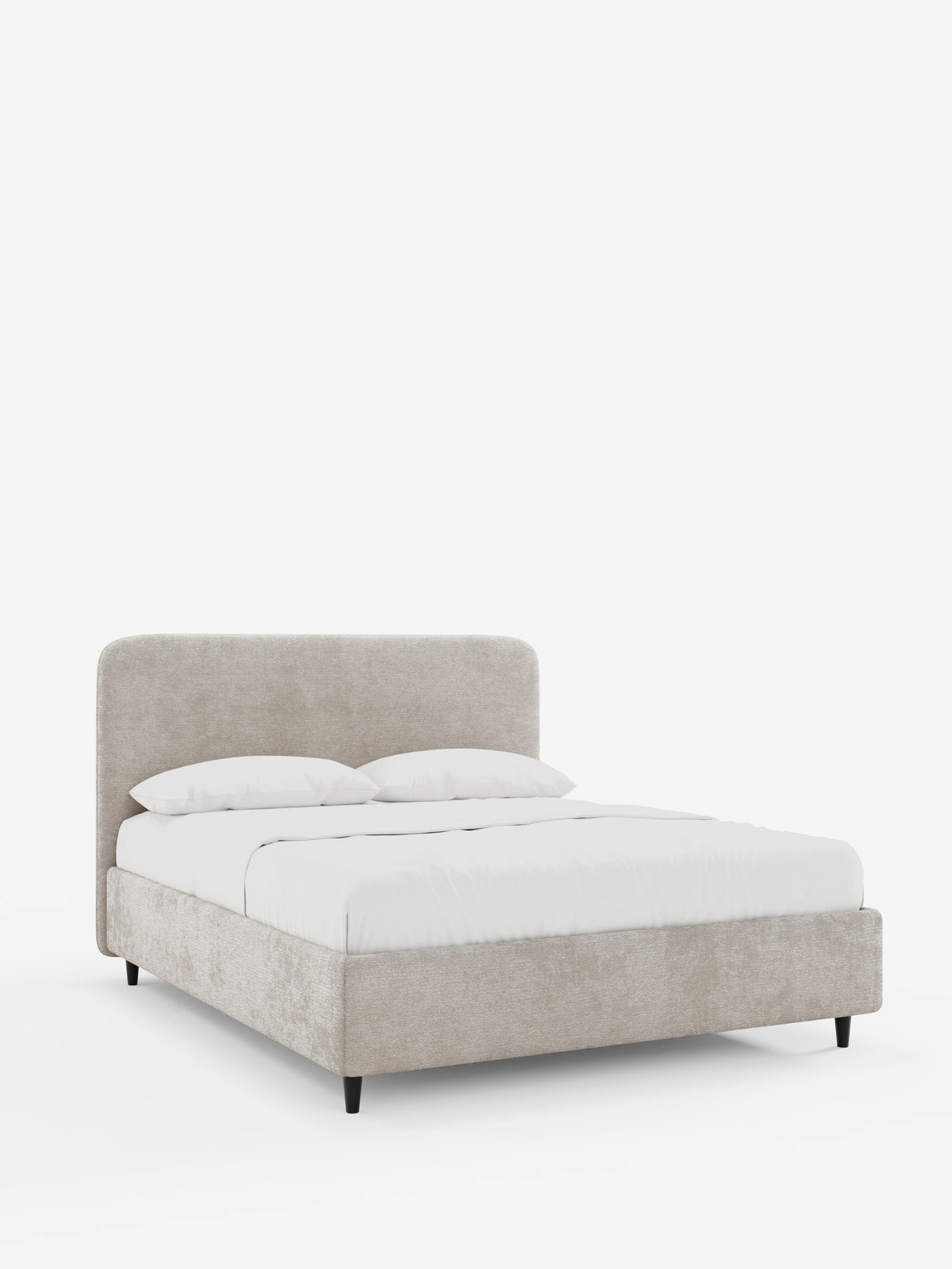 KAELOS, letto imbottito in stile minimalista - contenitore, gambe alte e testiera arrotondata in tessuto ciniglia, con testiera arrotondata in tessuto beige testurizzato, biancheria da letto bianca e quattro gambe sottili e affusolate di colore nero su sfondo bianco.