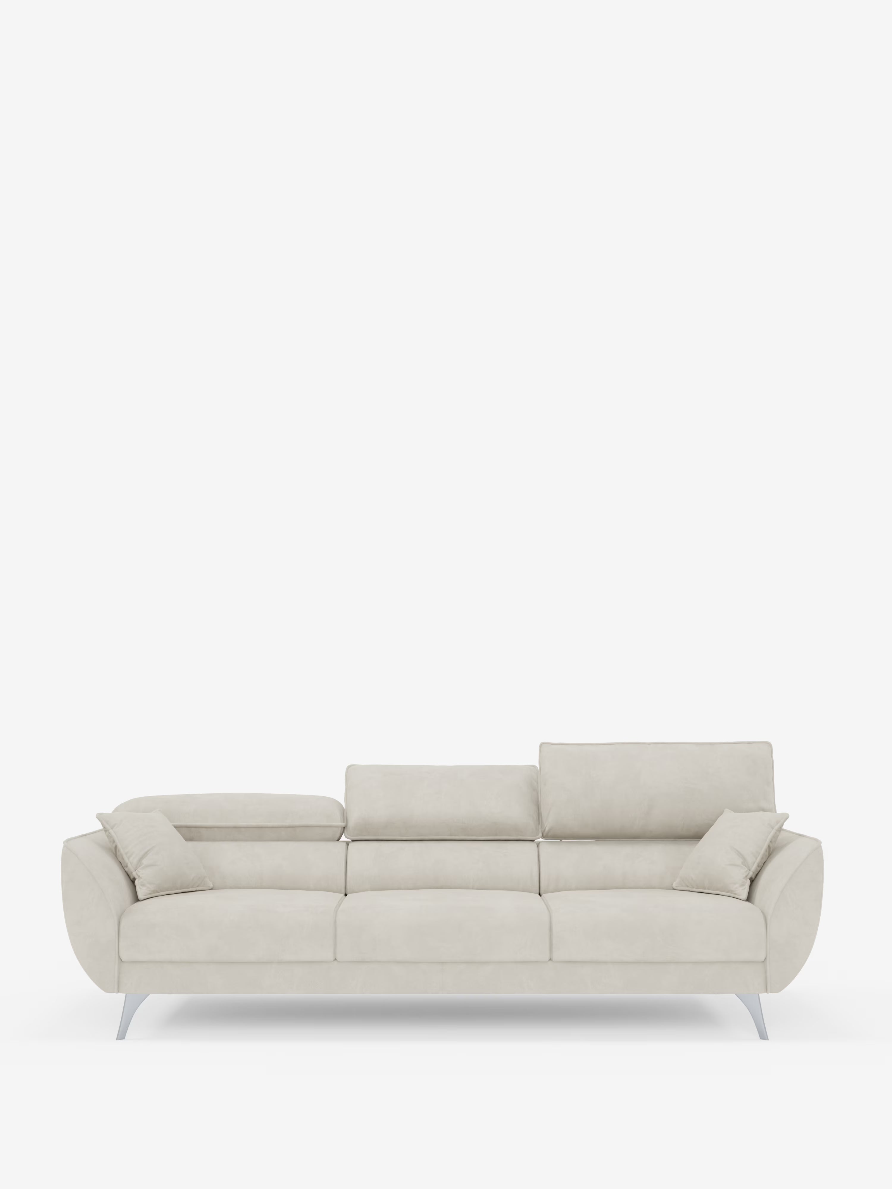 Vi presentiamo il divano Michelangelo 4 Posti di Divani.Store: un divano contemporaneo color grigio chiaro con tre sedute estensibili e poggiatesta regolabili, rivestito in elegante tessuto velour T30 resistente alle macchie. Questo divano dal design minimalista presenta cuscini dello schienale e dei braccioli coordinati, oltre a eleganti gambe in metallo, il tutto su uno sfondo bianco a tinta unita.
