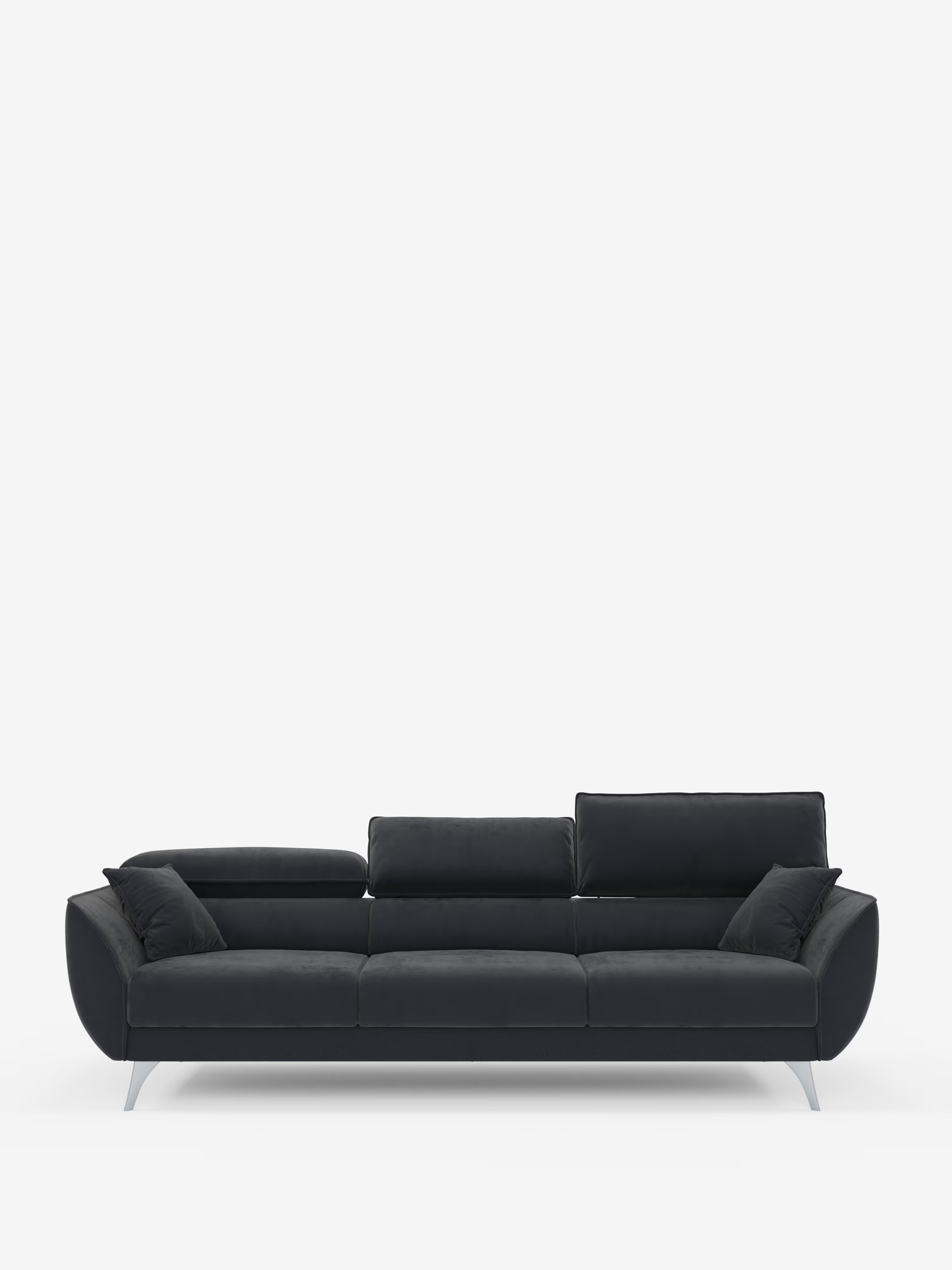 Il divano Michelangelo 4 Posti di Divani.Store è un divano moderno in grigio scuro, rivestito con l’elegante tessuto vellutino T30, resistente alle macchie. Dotato di tre sedute estensibili e poggiatesta regolabili, questo divano moderno si distingue su uno sfondo bianco a tinta unita. Gli ampi braccioli e le gambe in metallo sottili e angolate ne sottolineano il design minimalista e contemporaneo. Le sue sedute estensibili offrono maggiore comfort e versatilità per qualsiasi ambiente.