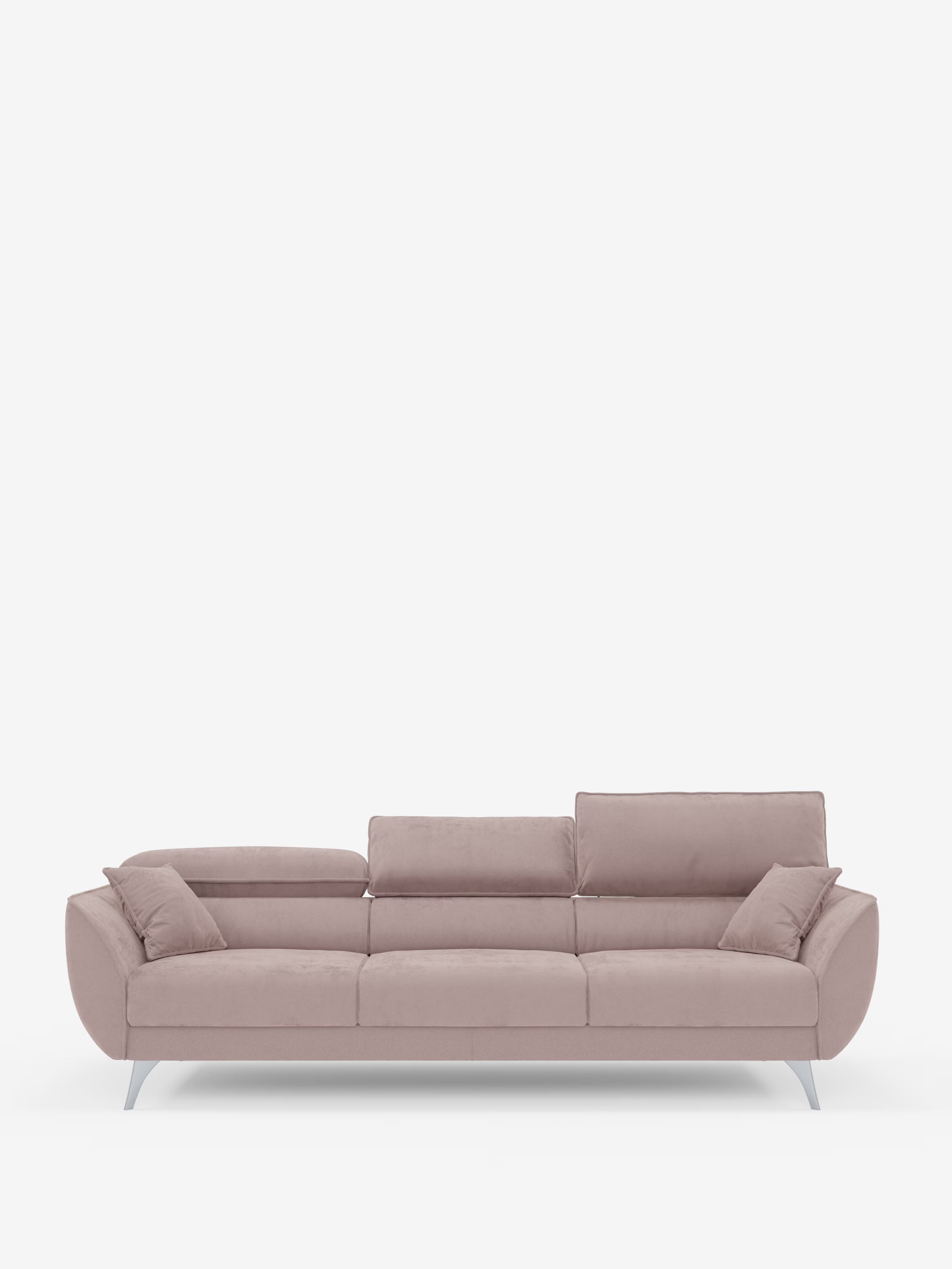 Vi presentiamo il Michelangelo 4 Posti di Divani.Store, un divano moderno rivestito in elegante vellutino T30 color malva, resistente alle macchie. Questo divano a quattro posti è dotato di tre cuscini di seduta, tre cuscini dello schienale con poggiatesta regolabili e gambe corte angolate color argento. I braccioli ampi e leggermente ricurvi conferiscono un tocco contemporaneo, mentre le sedute estensibili offrono un comfort extra per il relax. Presentato su uno sfondo bianco a tinta unita.