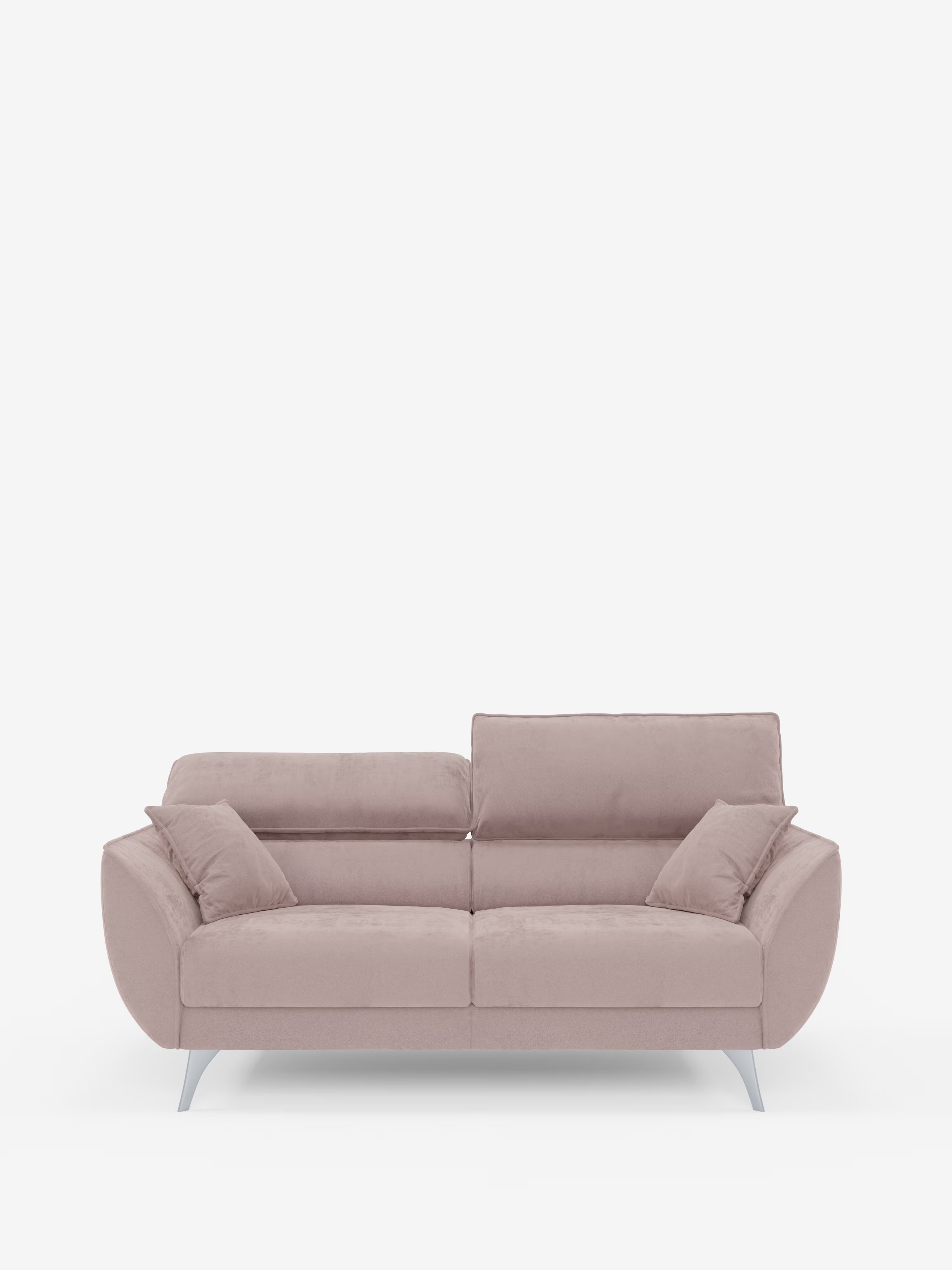Scopri il divano Michelangelo a 2 e 3 posti di Divani.Store: un divano contemporaneo color malva chiaro con sedute estensibili e poggiatesta reclinabili, realizzato in tessuto T30 facile da pulire. Questo elegante modello presenta morbidi schienali, ampi braccioli, quattro cuscini quadrati coordinati ed è impreziosito da eleganti gambe in metallo angolate, il tutto in primo piano su uno sfondo bianco a tinta unita.