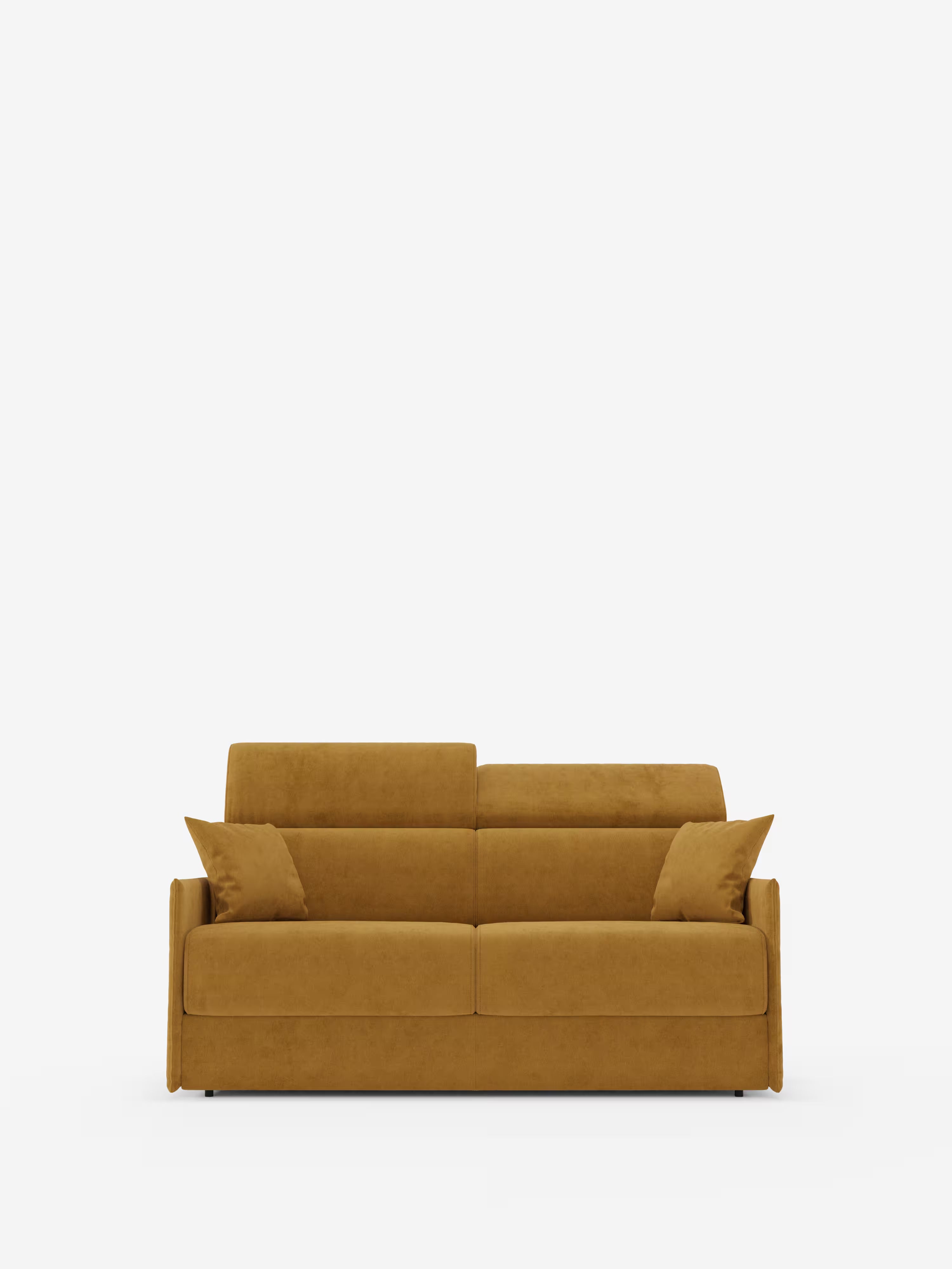 Il divano letto Miryam con poggiatesta reclinabili e comfort maxi di Divani.Store è un moderno divano a due posti color giallo senape, caratterizzato da linee dritte, braccioli bassi e un design compatto, rivestito in morbido tessuto T31 facile da pulire. Due cuscini quadrati coordinati impreziosiscono ciascuna estremità, mentre lo sfondo bianco a tinta unita sottolinea lo stile minimalista contemporaneo e la pulita semplicità di questo complemento d’arredo.