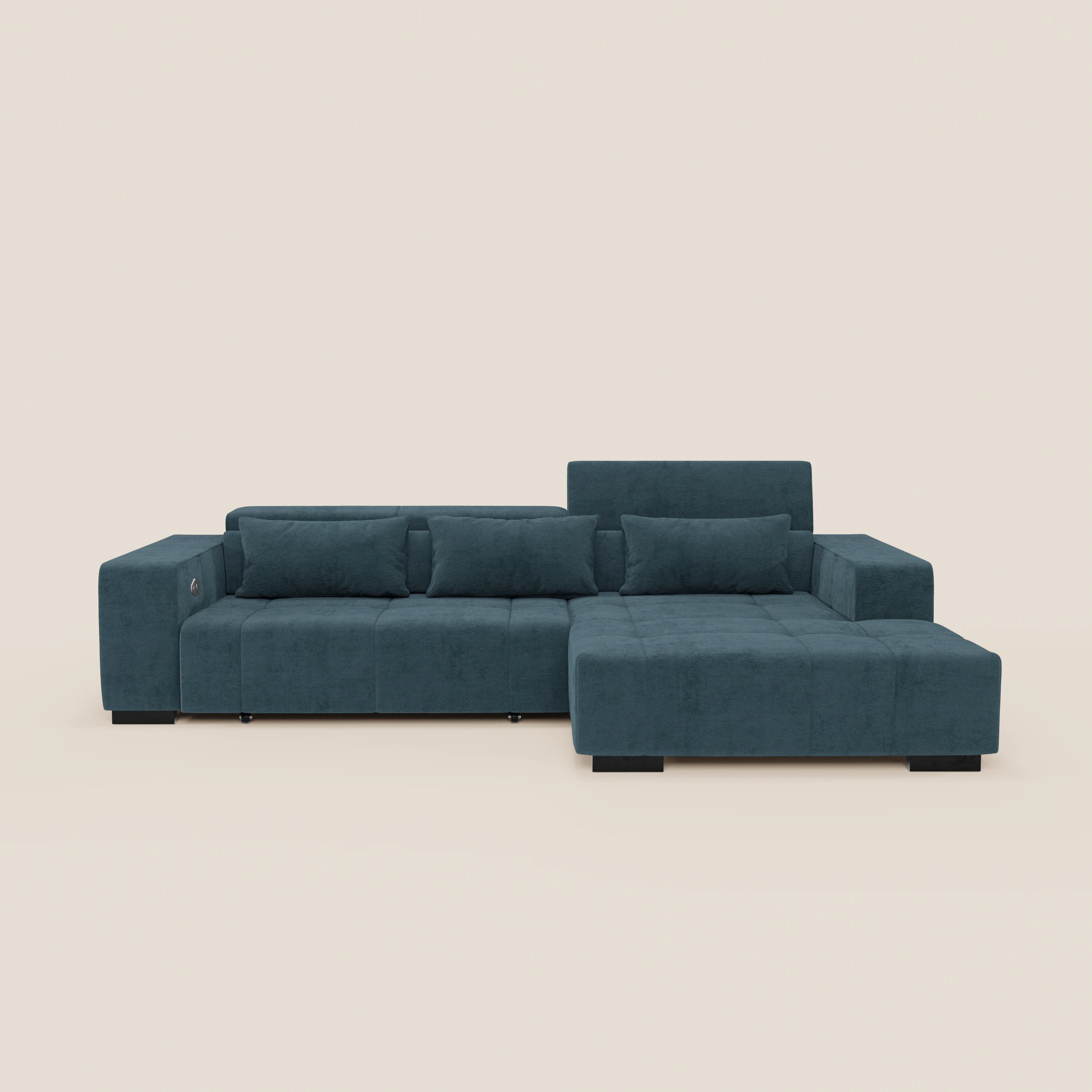 Monarch Divano angolare con penisola e Relax Elettrico per allungamento sedute - Poggiatesta Reclinabili in tessuto morbido smacchiabile T31 - divani.store