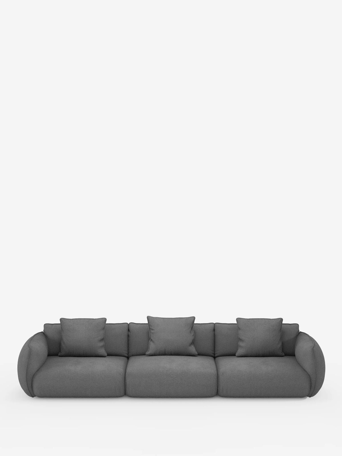 Un divano modulare Nimbus dal design minimalista e moderno a 3 posti di Divani.Store, rivestito in tessuto T33 grigio scuro smacchiabile effetto cotone, con tre cuscini di seduta, braccioli arrotondati e cinque cuscini quadrati coordinati, è posizionato al centro su uno sfondo bianco a tinta unita. Il divano ha un aspetto morbido e soffice ed è completamente sfoderabile.
