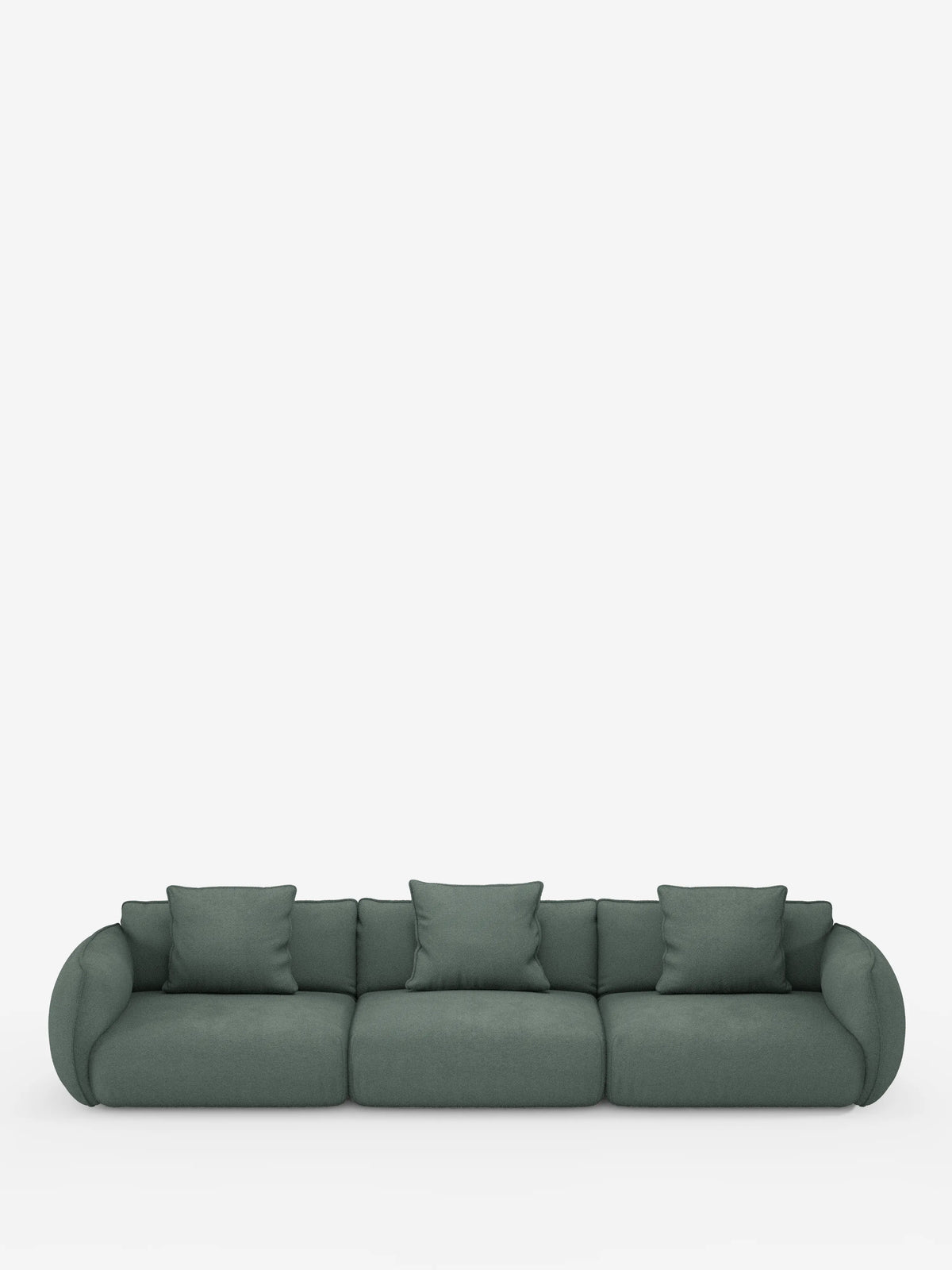 Un moderno divano modulare Nimbus a 3 posti, componibile, in morbido tessuto smacchiabile effetto cotone T33 di Divani.Store, rivestito in verde intenso, con braccioli e schienale curvi, è posizionato al centro su uno sfondo bianco a tinta unita. È dotato di tre ampi cuscini di seduta e cinque cuscini quadrati che gli conferiscono un aspetto lussuoso e accogliente. Lo stile minimalista gli conferisce un tocco contemporaneo.