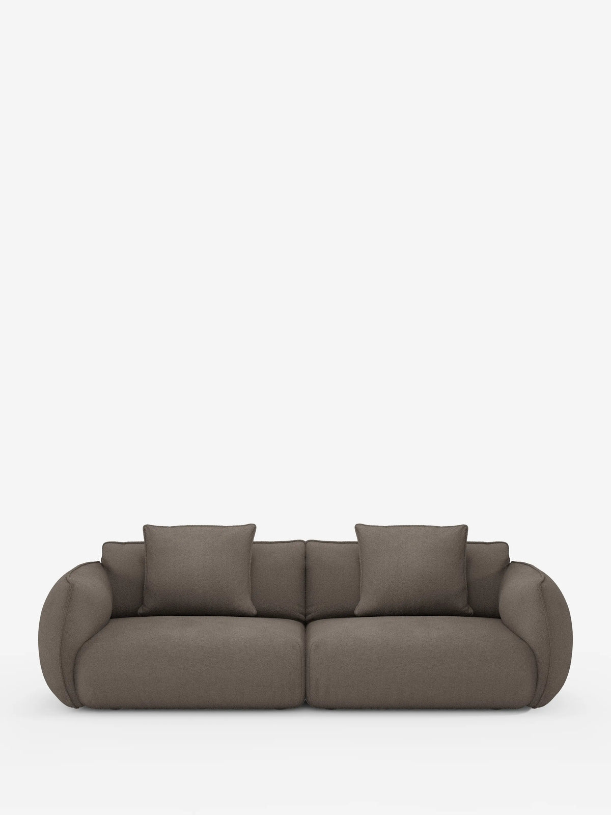 Un divano a 3 posti moderno e minimalista della linea Nimbus, modulare e componibile da 250 cm di Divani.Store, realizzato in tessuto grigio scuro effetto cotone antimacchia (tessuto smacchiabile effetto cotone t33), caratterizzato da braccioli e schienali morbidi e arrotondati. Questo divano modulare comprende due cuscini di seduta e quattro cuscini quadrati coordinati, che risaltano su uno sfondo bianco a tinta unita.