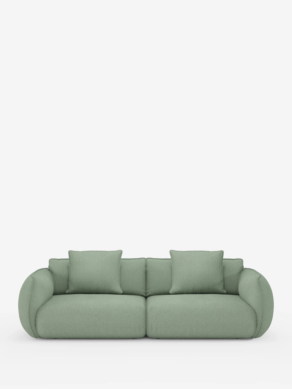 Un divano Nimbus contemporaneo a 3 posti, modulare e componibile, di Divani.Store, realizzato in tessuto effetto cotone (t33) di colore verde chiaro e resistente alle macchie, caratterizzato da un design arrotondato e imbottito. Comprende due ampi cuscini di seduta, due cuscini dello schienale e braccioli curvi. Presentato su uno sfondo bianco a tinta unita per esaltare lo stile morbido e moderno del divano.