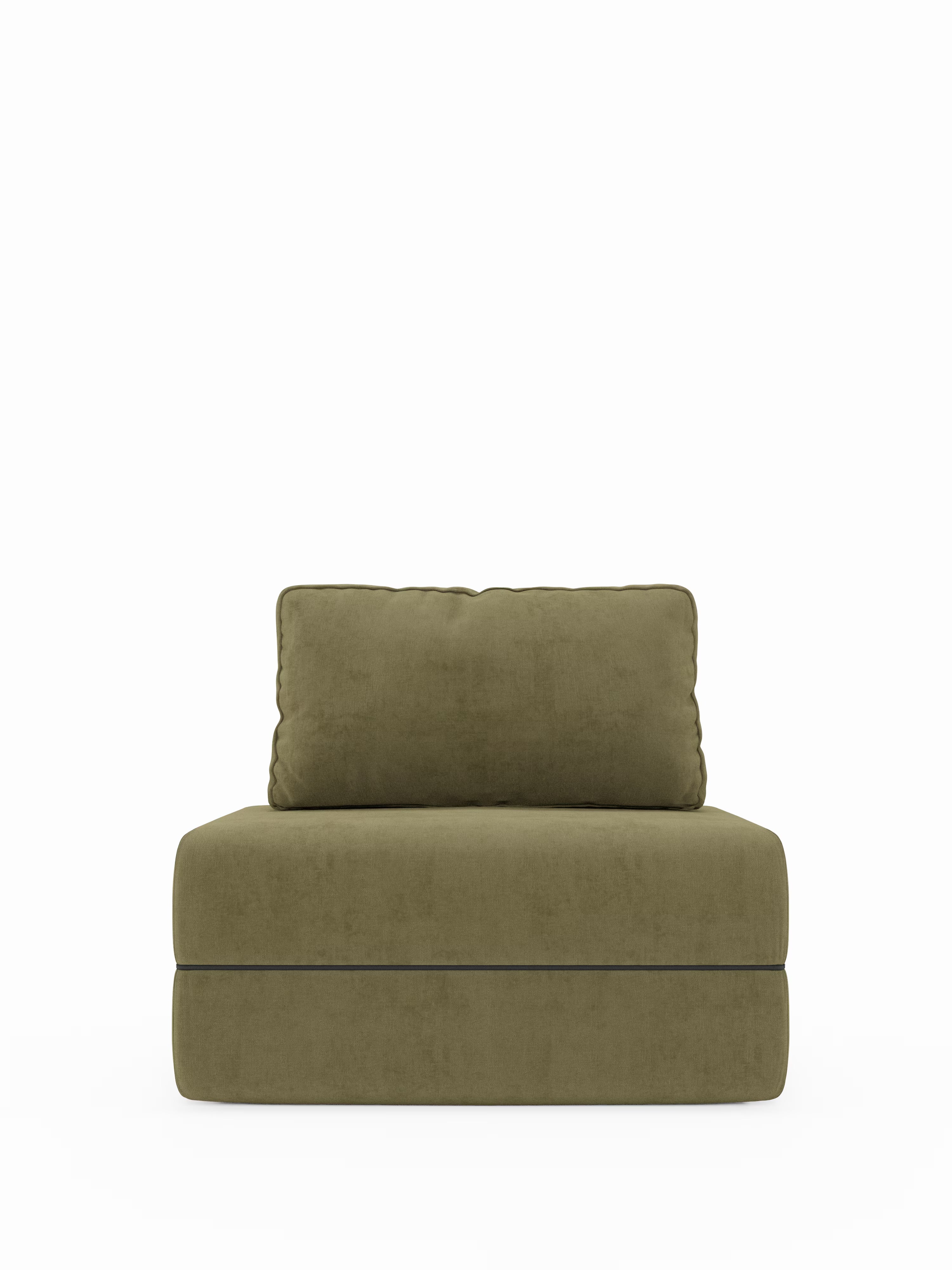 Vi presentiamo la poltrona letto Rift di Divani.Store, una poltrona contemporanea senza braccioli in verde oliva, dotata di un materasso in memory foam alto 24 cm e di uno schienale regolabile. Sia la morbida seduta che il cuscino rettangolare dello schienale, abbinato, sono rivestiti in tessuto T31 facile da pulire, che esalta le linee pulite e il design moderno su uno sfondo bianco brillante.