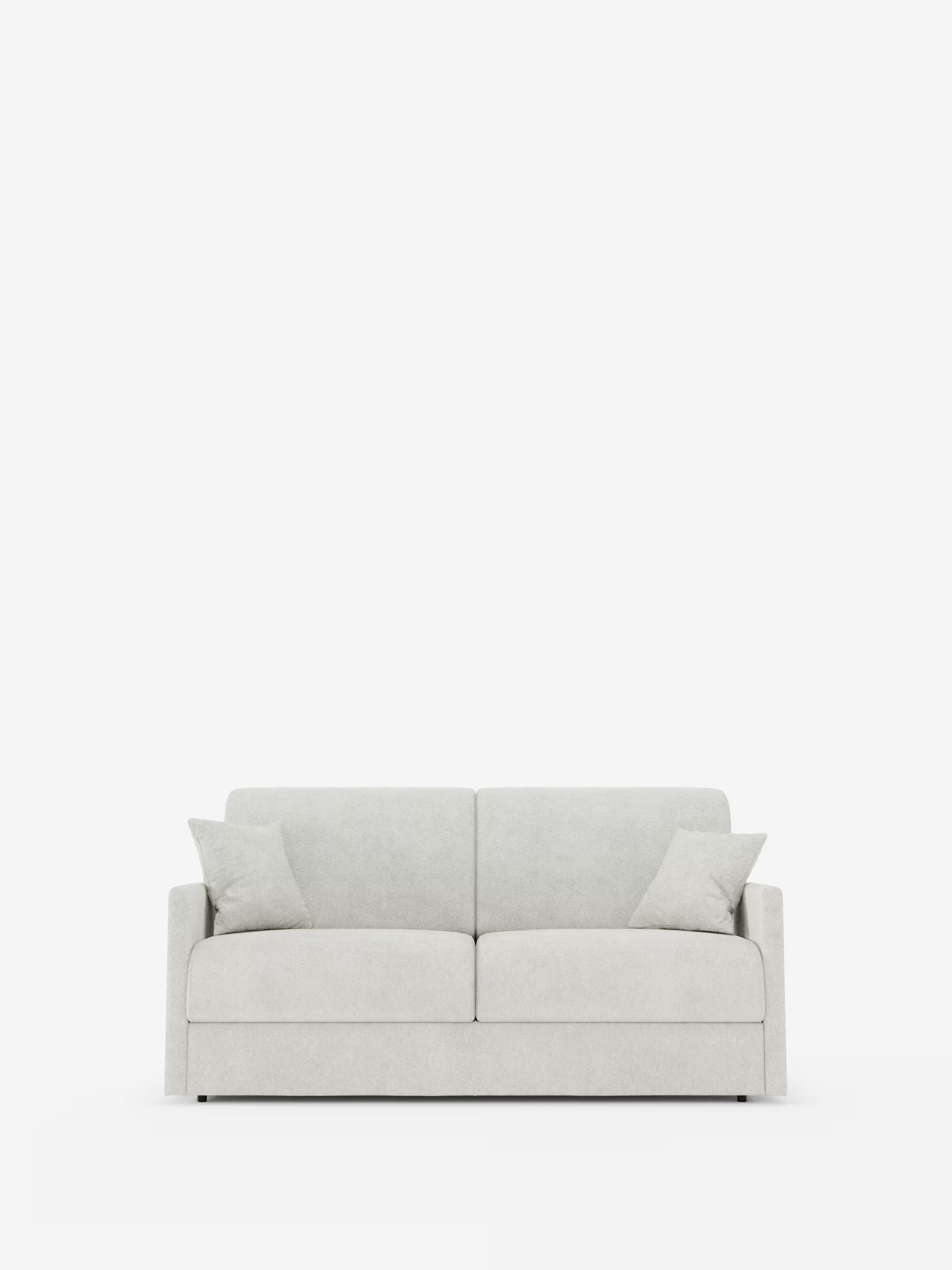 Un divano letto Tommy Divano a 2 e 3 posti matrimoniale in grigio chiaro, dal design contemporaneo, proposto da Divani.Store, caratterizzato da linee pulite e braccioli sottili e dritti, è presentato su uno sfondo bianco a tinta unita. Completamente sfoderabile e rivestito in tessuto T33 simile al cotone e resistente alle macchie, questo divano comprende due cuscini di seduta, due cuscini dello schienale e due cuscini decorativi abbinati su entrambi i lati per un maggiore comfort e stile.