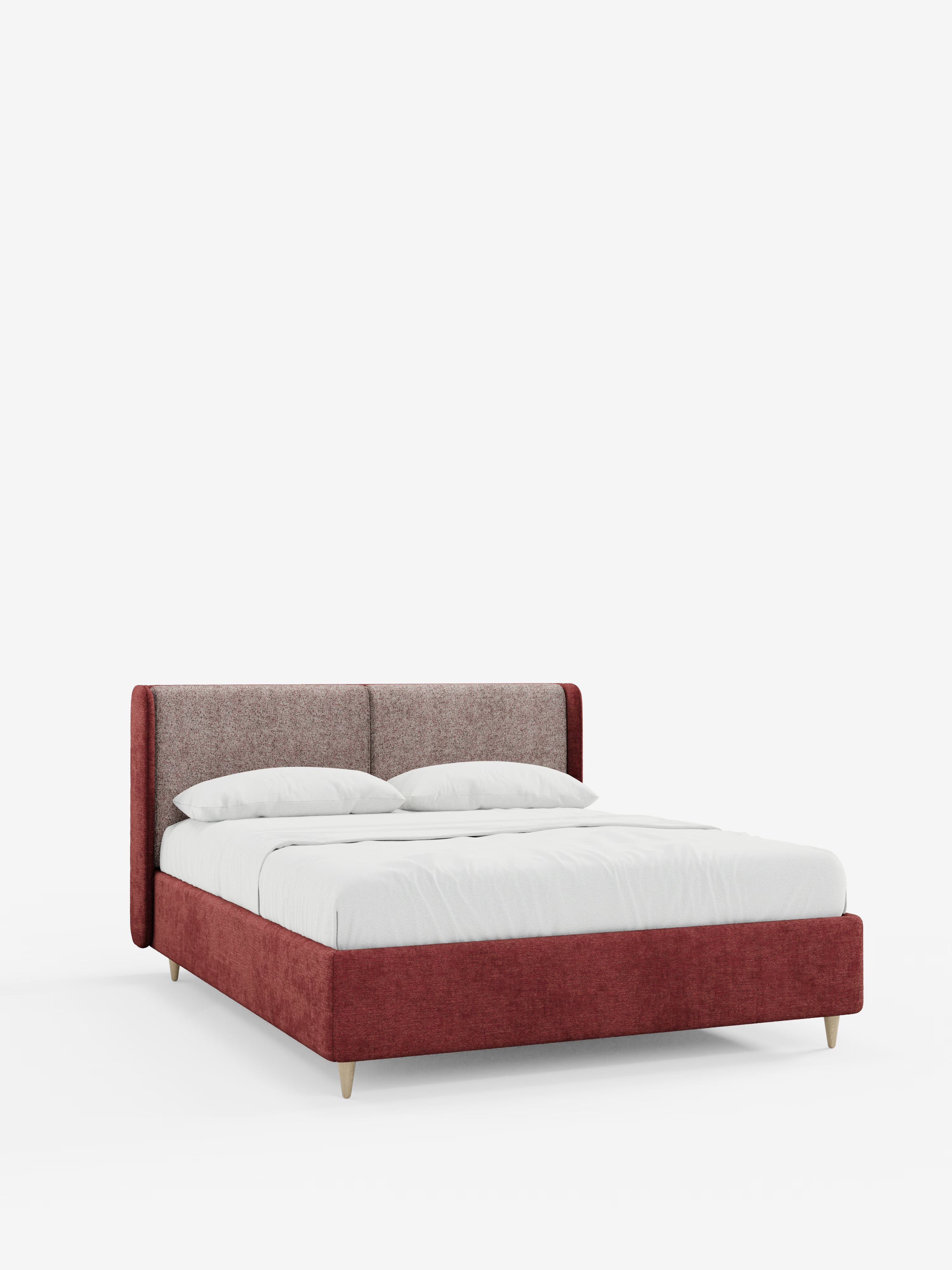 Vi presentiamo VALKIRIA, il letto imbottito bicolore con contenitore di Letti.store: un letto contemporaneo bicolore caratterizzato da una struttura e una testiera rivestite in rosso acceso con un pannello in tessuto grigio chiaro. Il design comprende una testiera avvolgente dalle linee curve e cuscini schienali abbinati, completati da biancheria da letto bianca, due cuscini e quattro gambe angolari in legno. Il letto è presentato su uno sfondo bianco a tinta unita.