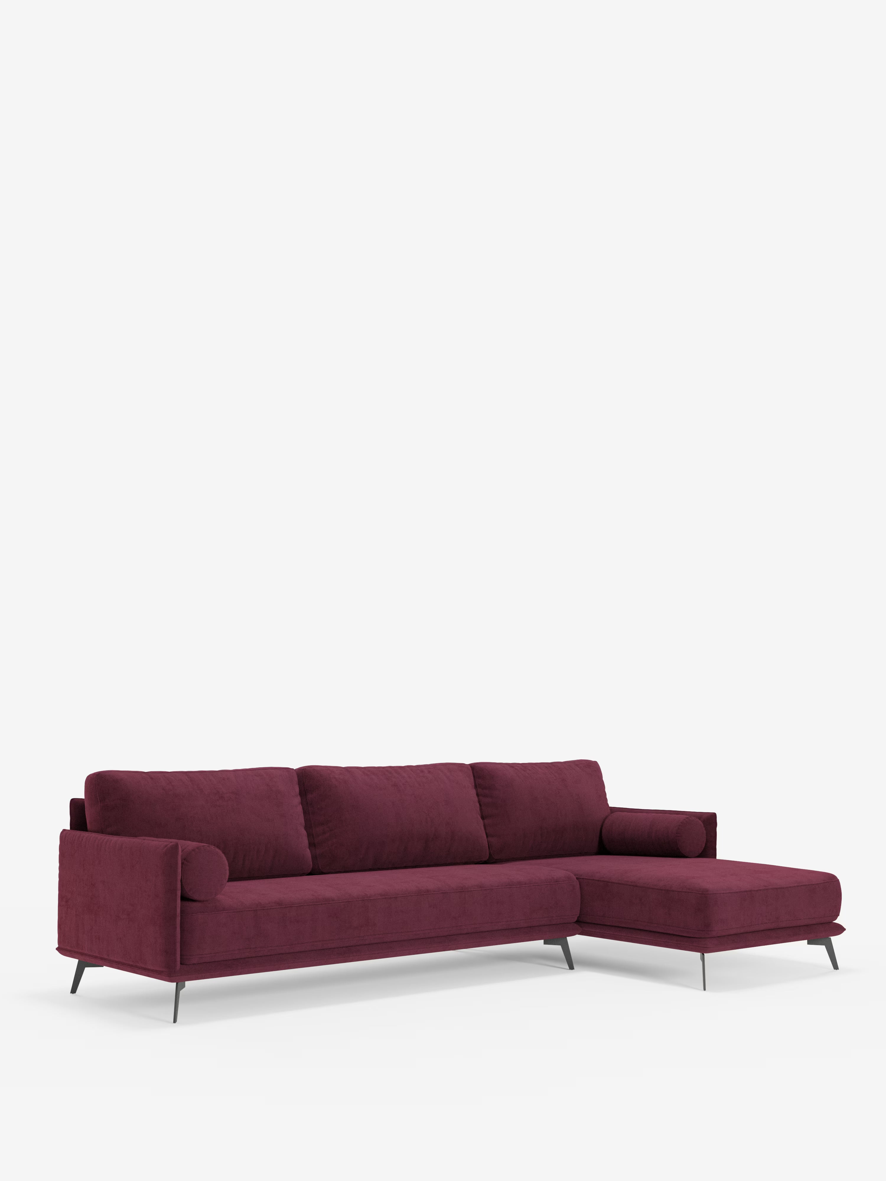Basalto, divano angolare moderno con penisola di Divani.Store: questo divano componibile Made in Italy è rivestito in tessuto smacchiabile T31 resistente alle macchie, in stile contemporaneo, con base in metallo, morbidi cuscini in piuma e una chaise longue sul lato destro. Il design prevede braccioli bassi arrotondati e sottili gambe in metallo nero, che conferiscono al divano angolare con penisola Basalto un aspetto elegante che risalta su uno sfondo bianco a tinta unita.