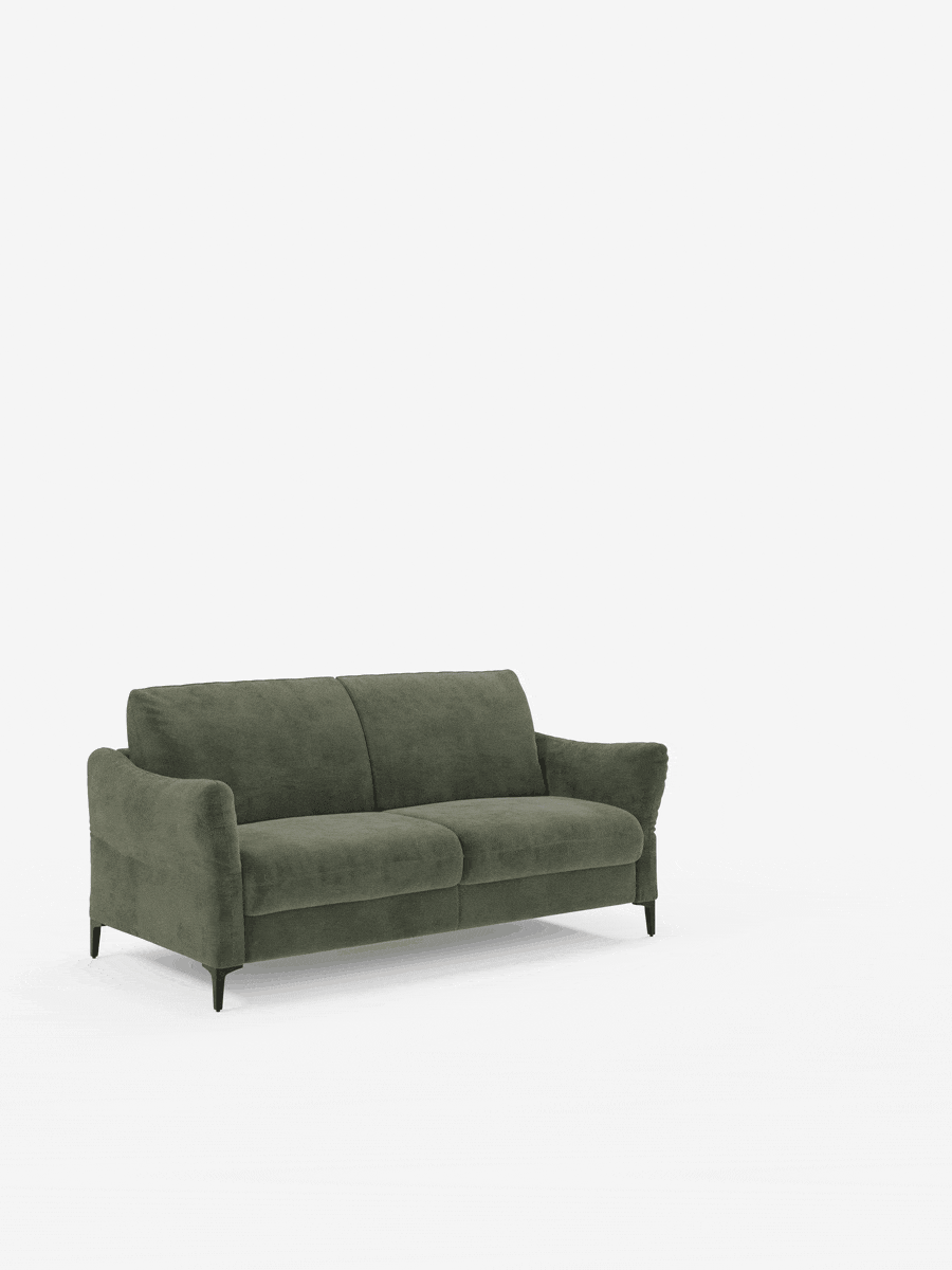 Un divano letto Dalia in stile contemporaneo di Divani.Store, rivestito in verde muschio, caratterizzato da sottili gambe nere, braccioli angolati e morbidi cuscini, messo in risalto su uno sfondo bianco a tinta unita. Ispirato al design scandinavo, questo divano minimalista dall’effetto velluto è disponibile nelle versioni a 2, 3 o 4 posti con materasso H18 e offre stile e comfort grazie al suo moderno tessuto T30 resistente alle macchie.