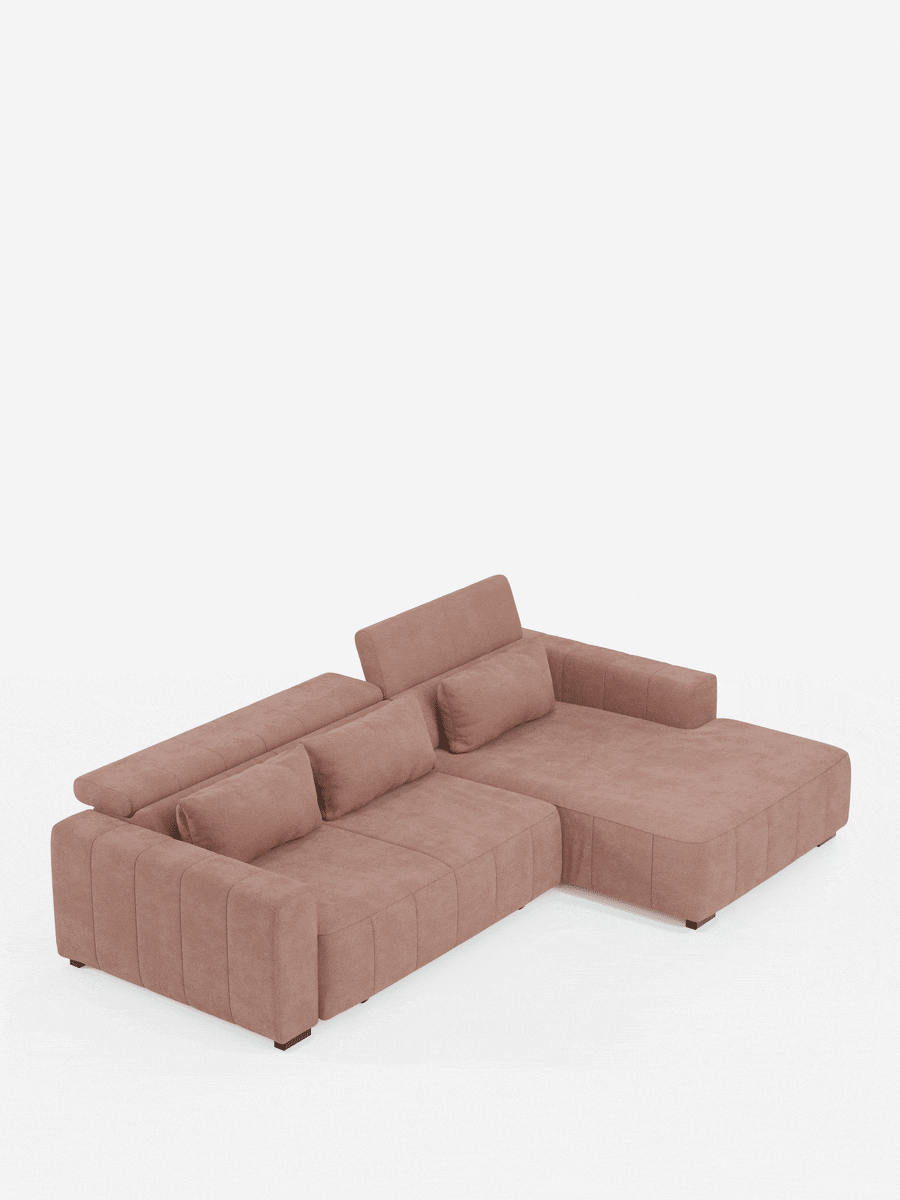 Il divano angolare Doric con penisola e sedute allungabili con relax elettrico di Divani.Store è dotato di poggiatesta regolabili, tre cuscini dello schienale e braccioli ampi e dal profilo ribassato. Rivestito in tessuto T23 rosa tenue resistente alle macchie, questo moderno divano componibile presenta una chaise longue sul lato destro e si distingue su uno sfondo bianco a tinta unita.