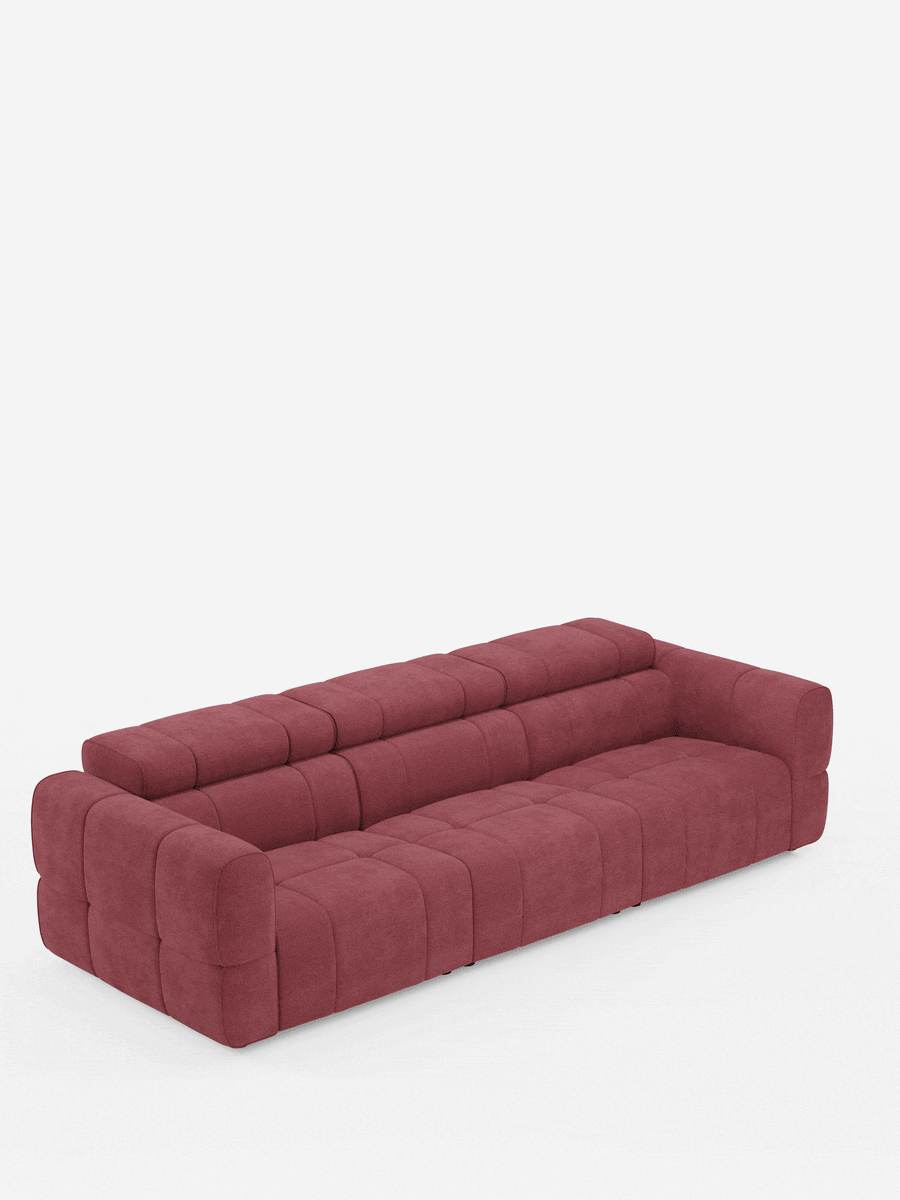 Giotto, divano modulare a 4 posti con poggiatesta reclinabili e funzione relax elettrica opzionale, in tessuto smacchiabile T23: un divano modulare contemporaneo a quattro posti in tonalità rosso-viola, caratterizzato da un design a griglia a bottoni dal profilo basso su uno sfondo grigio chiaro.