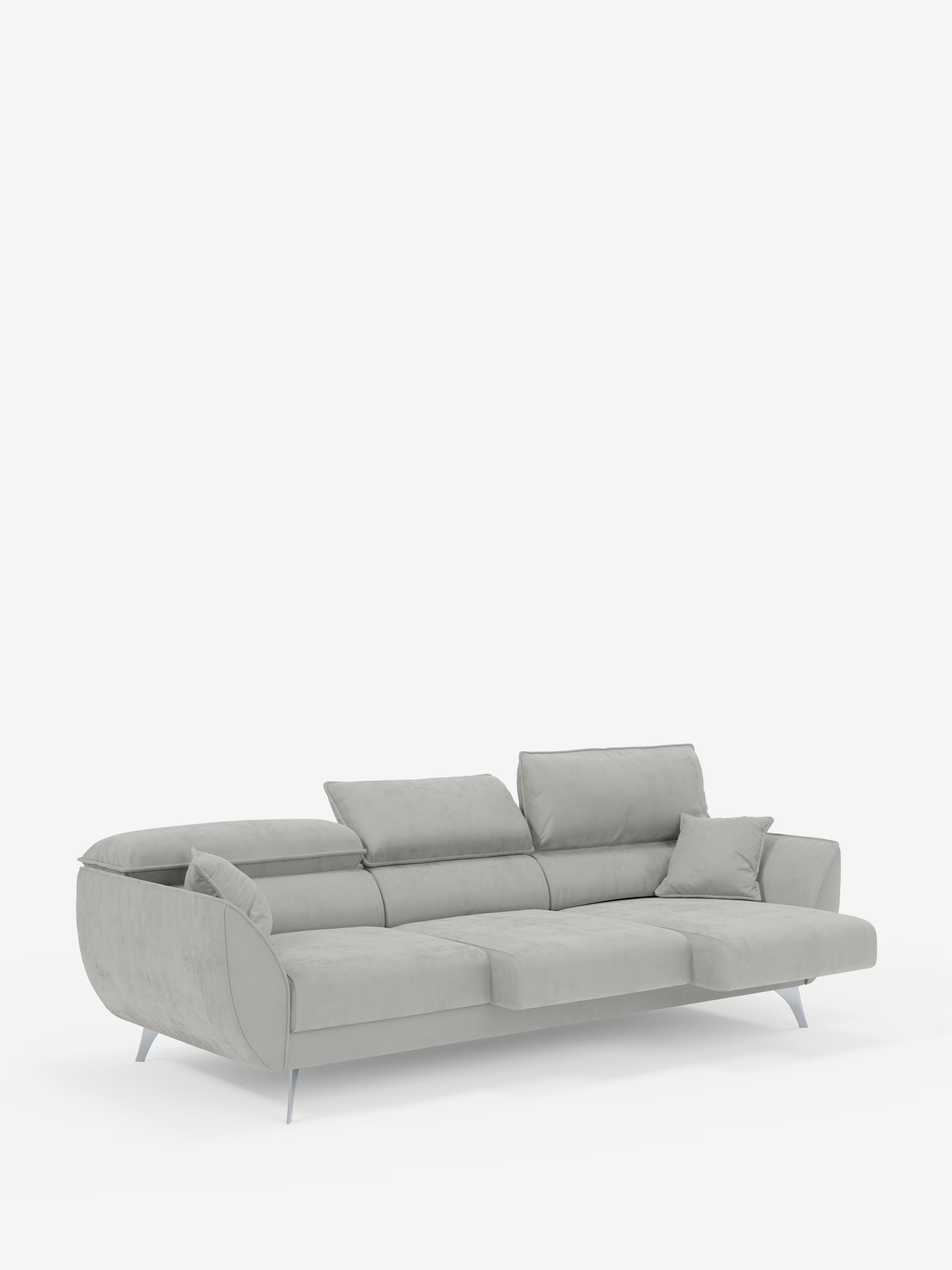 Il divano componibile Michelangelo 4 Posti di Divani.Store è un modello contemporaneo color grigio chiaro dotato di tre sedute estensibili, poggiatesta regolabili e sottili gambe in metallo, rivestito in elegante velluto T30 resistente alle macchie. È corredato da un cuscino coordinato sul lato destro ed è presentato su uno sfondo bianco a tinta unita: un complemento d’arredo ideale per i salotti moderni.