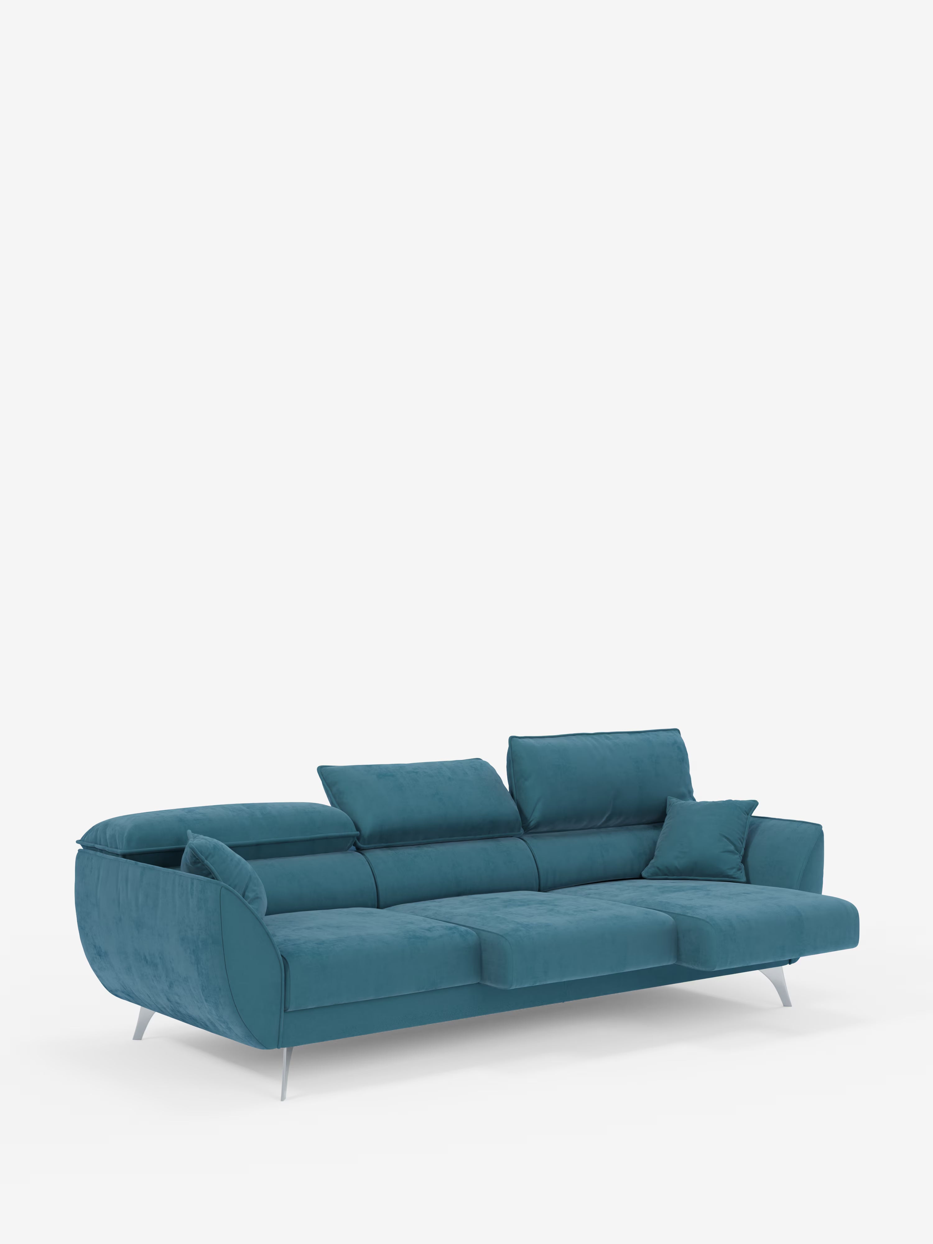 Vi presentiamo il Michelangelo 4 Posti di Divani.Store: un divano moderno color verde acqua, realizzato in elegante tessuto T30 vellutato e resistente alle macchie. Questo sofisticato divano è dotato di tre sedute estensibili, poggiatesta regolabili, sottili gambe in metallo e un bracciolo angolato. Un cuscino coordinato color verde acqua impreziosisce il lato destro. Il divano Michelangelo è raffigurato su uno sfondo bianco a tinta unita.