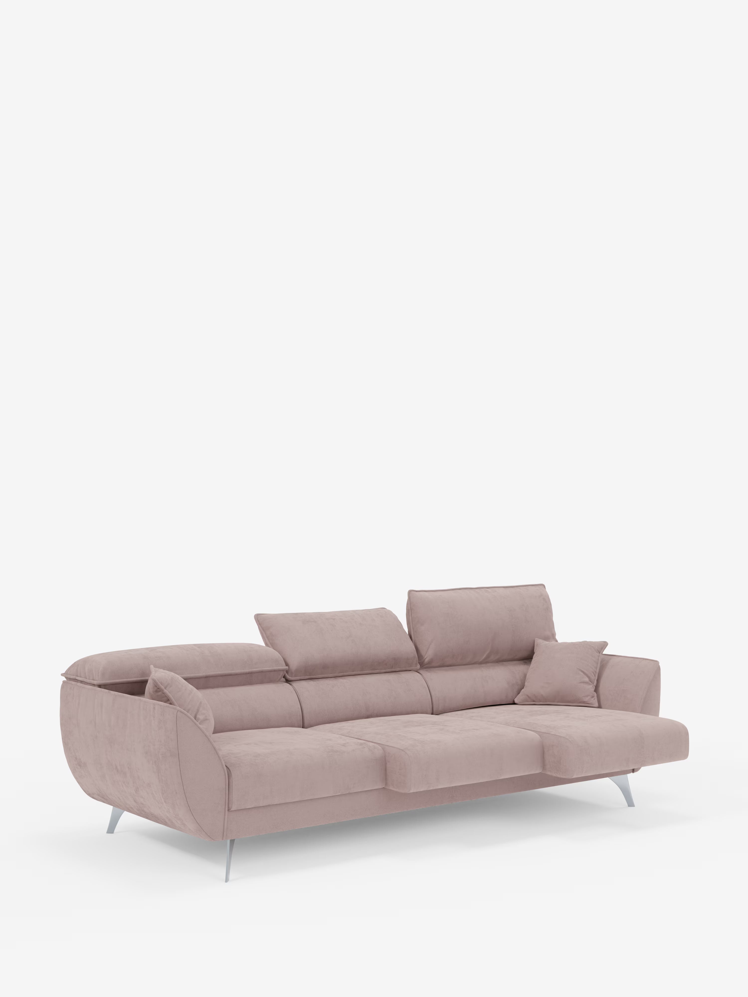 Vi presentiamo il divano Michelangelo 4 Posti di Divani.Store, un divano moderno color rosa chiaro dotato di tre sedute estensibili, poggiatesta regolabili, una chaise longue a forma di L, gambe in metallo inclinate, tessuto T30 effetto velluto antimacchia e un cuscino decorativo abbinato, il tutto su uno sfondo bianco a tinta unita.
