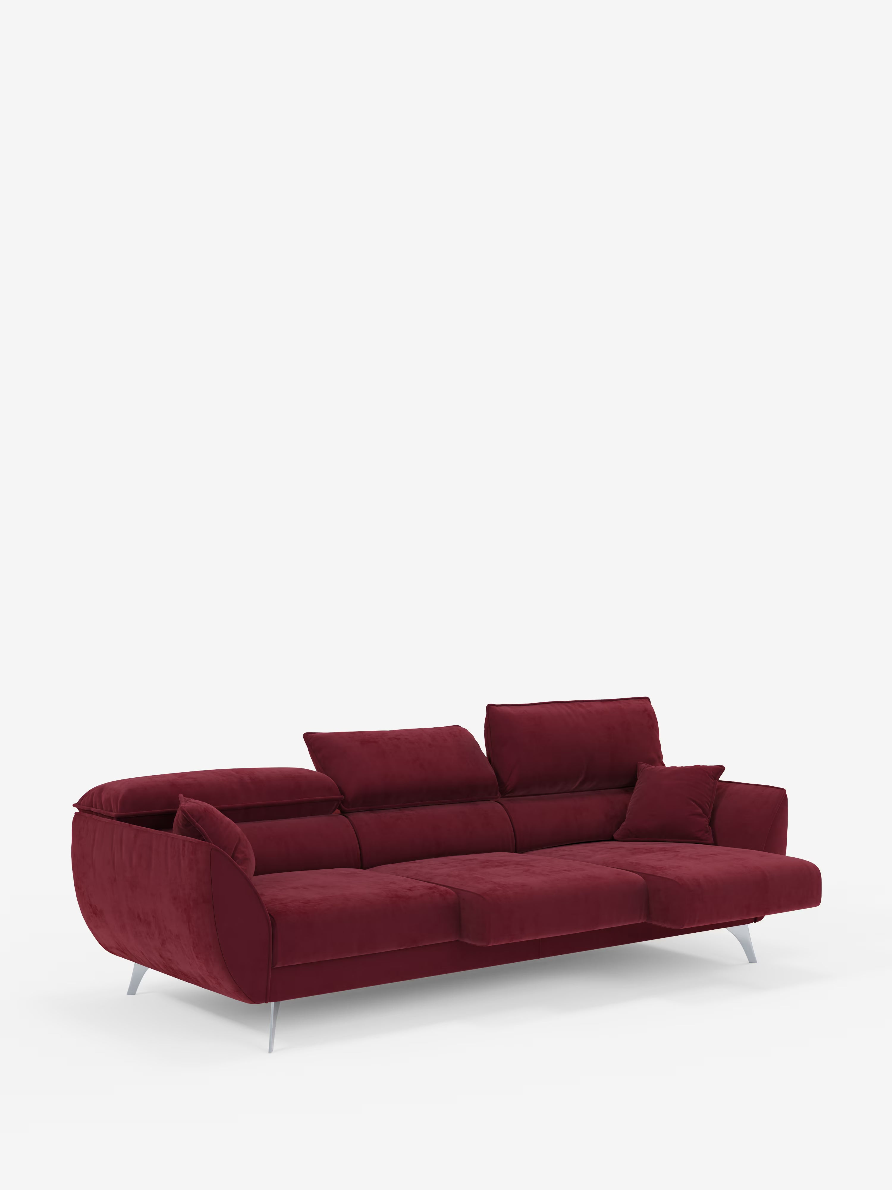 Vi presentiamo il divano Michelangelo 4 Posti di Divani.Store: un divano contemporaneo in velluto rosso intenso dotato di tre cuscini di seduta, tre sedute estensibili con poggiatesta regolabili, un unico bracciolo destro, gambe metalliche slanciate e un cuscino coordinato. Presentato su uno sfondo bianco a tinta unita, è la scelta perfetta per un soggiorno moderno. Realizzato in elegante tessuto vellutino T30 resistente alle macchie.