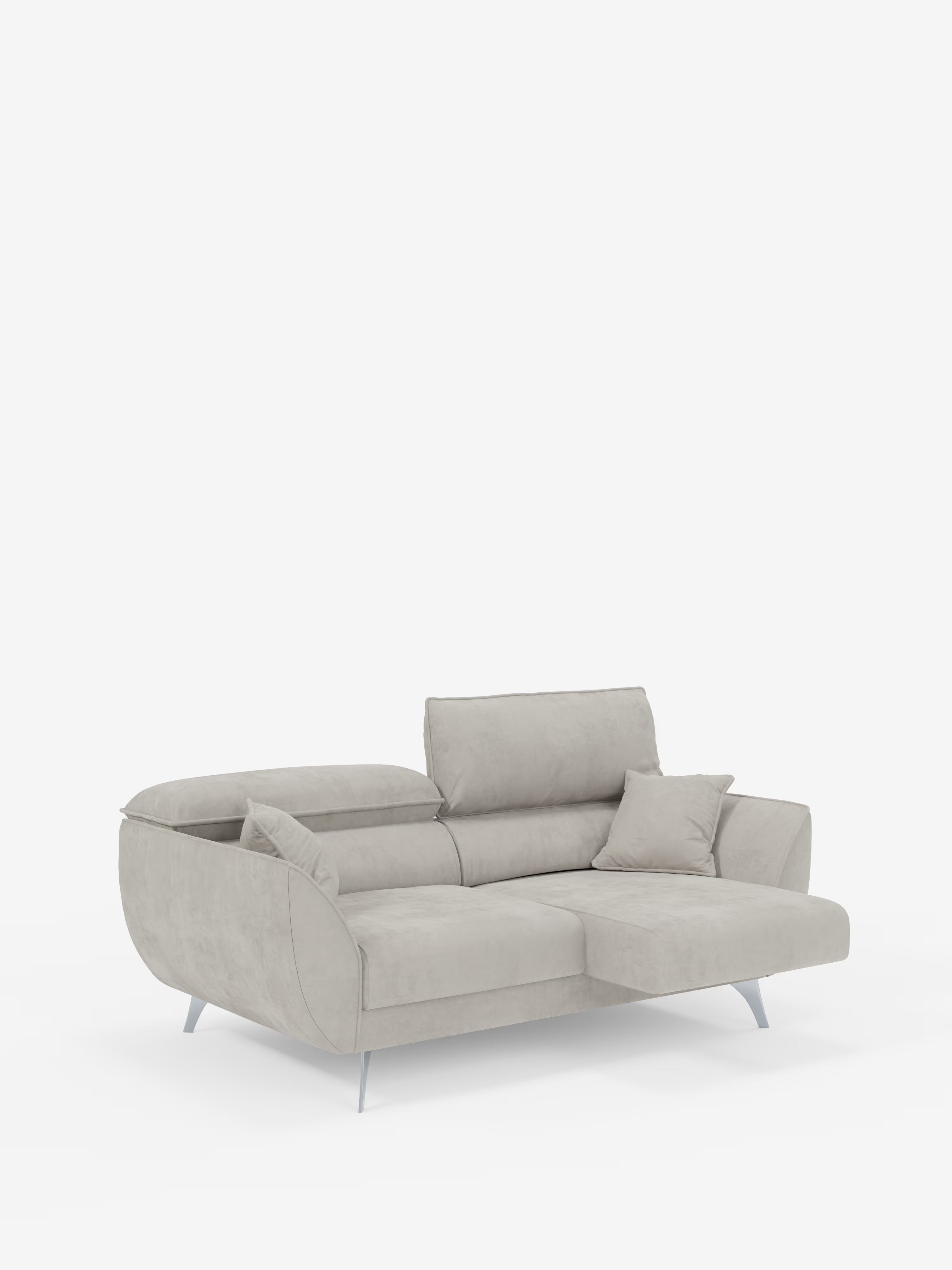 Il divano a 2 posti Michelangelo di Divani.Store è un divano moderno color grigio chiaro con poggiatesta reclinabili regolabili e sedute allungabili. Caratterizzato da gambe in metallo, due cuscini quadrati coordinati e morbidi bordi arrotondati rivestiti in tessuto T30 facile da pulire, questo divano moderno emana un’eleganza minimalista e un comfort contemporaneo sullo sfondo di un bianco semplice.