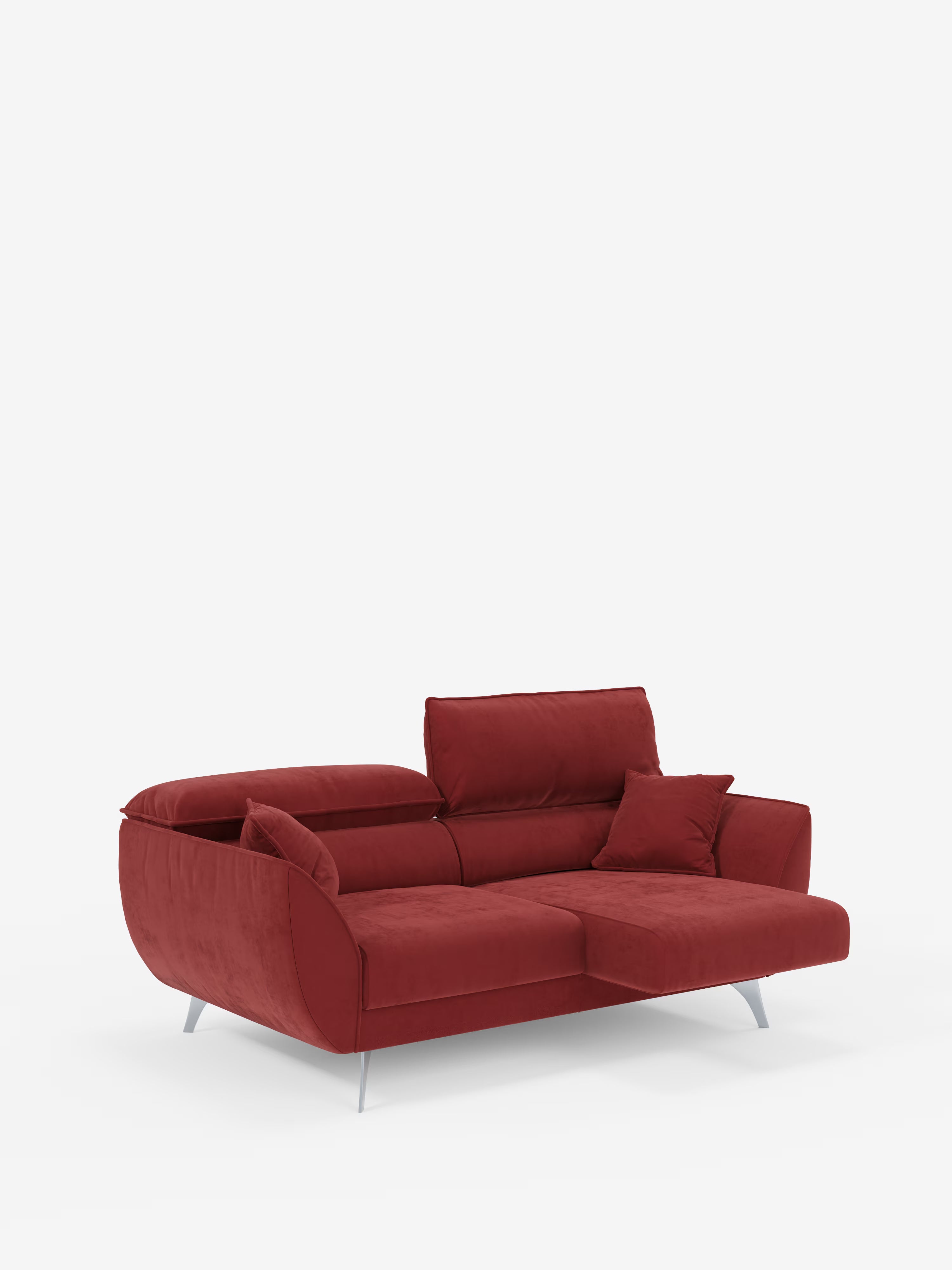 Un divano contemporaneo “Michelangelo” rosso a 2 e 3 posti di Divani.Store, dotato di profondità di seduta regolabile e poggiatesta reclinabili in tessuto T30 antimacchia, è esposto su uno sfondo bianco a tinta unita. Questo elegante complemento d’arredo presenta gambe angolate in metallo, un cuscino coordinato e una silhouette minimalista e raffinata, e si rivela un divano regolabile versatile grazie al suo design innovativo e alla sua struttura raffinata.