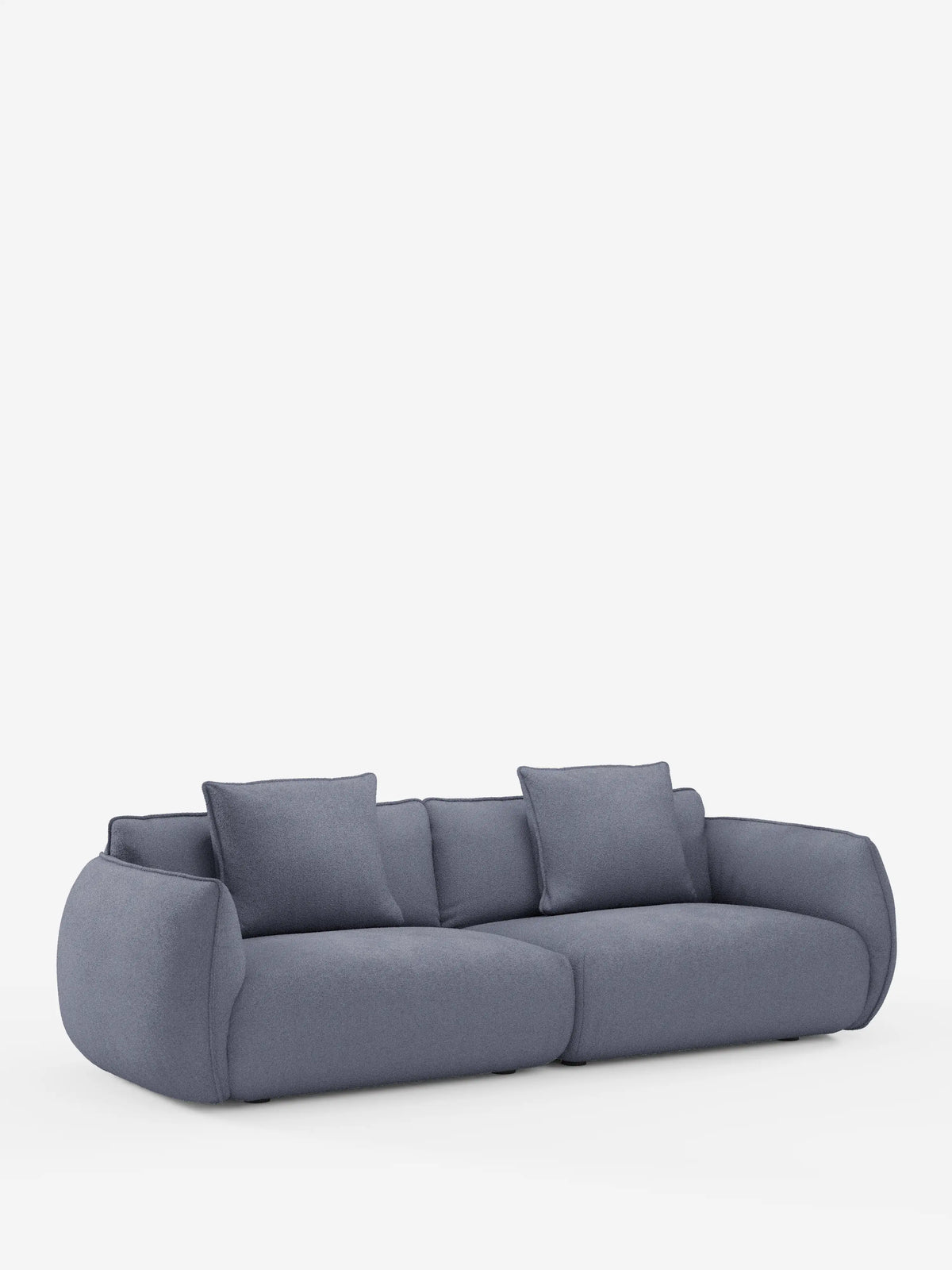 Un divano a 3 posti modulare e componibile Nimbus dallo stile minimalista e contemporaneo, lungo 250 cm, di Divani.Store, rivestito in tessuto effetto cotone (t33) di colore blu-grigio intenso e resistente alle macchie. Questo divano moderno è dotato di due cuscini di seduta e tre cuscini dello schienale abbinati, con braccioli ampi e morbidi e uno schienale basso e arrotondato. Qui raffigurato su uno sfondo bianco a tinta unita.