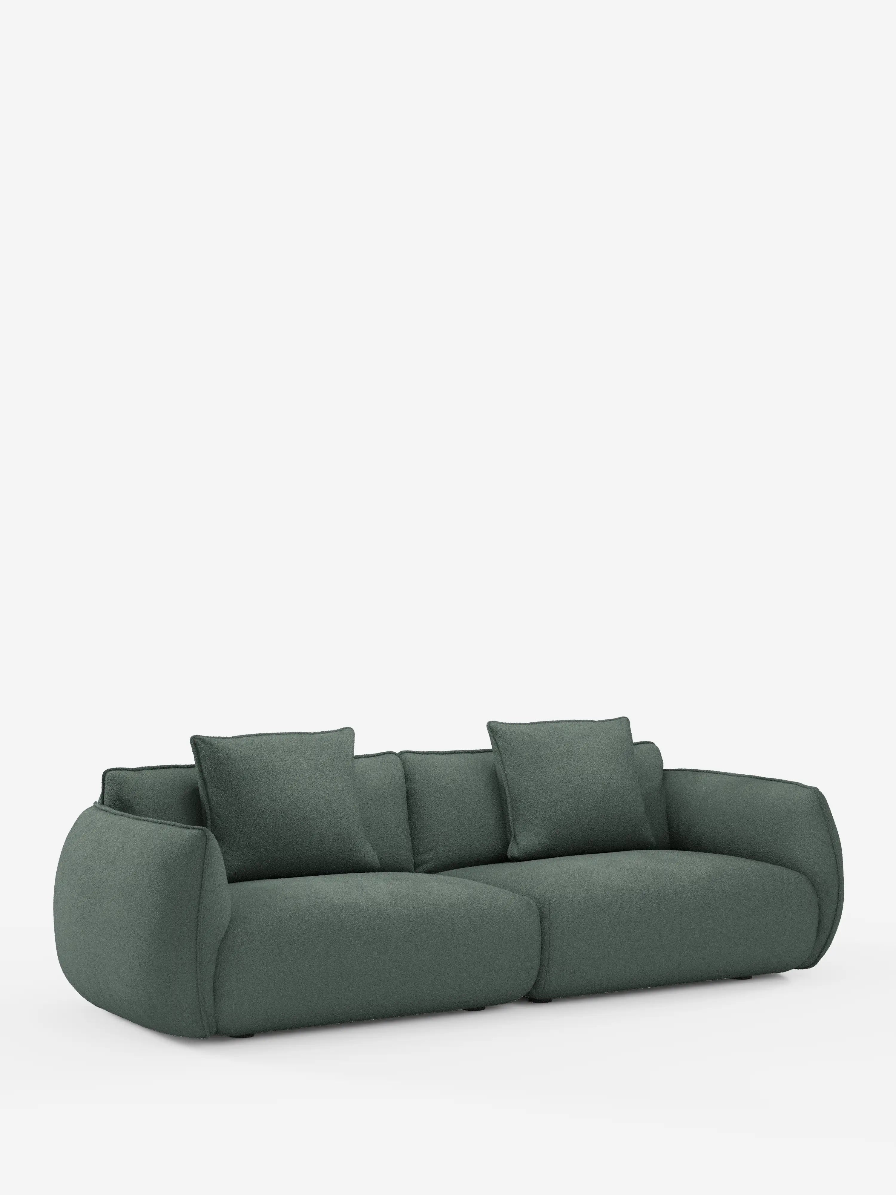 Vi presentiamo il divano Nimbus, un modello modulare e componibile a 3 posti firmato Divani.Store: un divano contemporaneo di colore verde intenso, lungo 250 cm. Questo elegante divano si caratterizza per il profilo ribassato, i bordi arrotondati e morbidi e gli ampi braccioli. È dotato di tre cuscini di seduta e due cuscini dello schienale coordinati, tutti rivestiti in tessuto effetto cotone t33 sfoderabile e antimacchia, che risaltano su uno sfondo bianco a tinta unita per un look moderno e accogliente.
