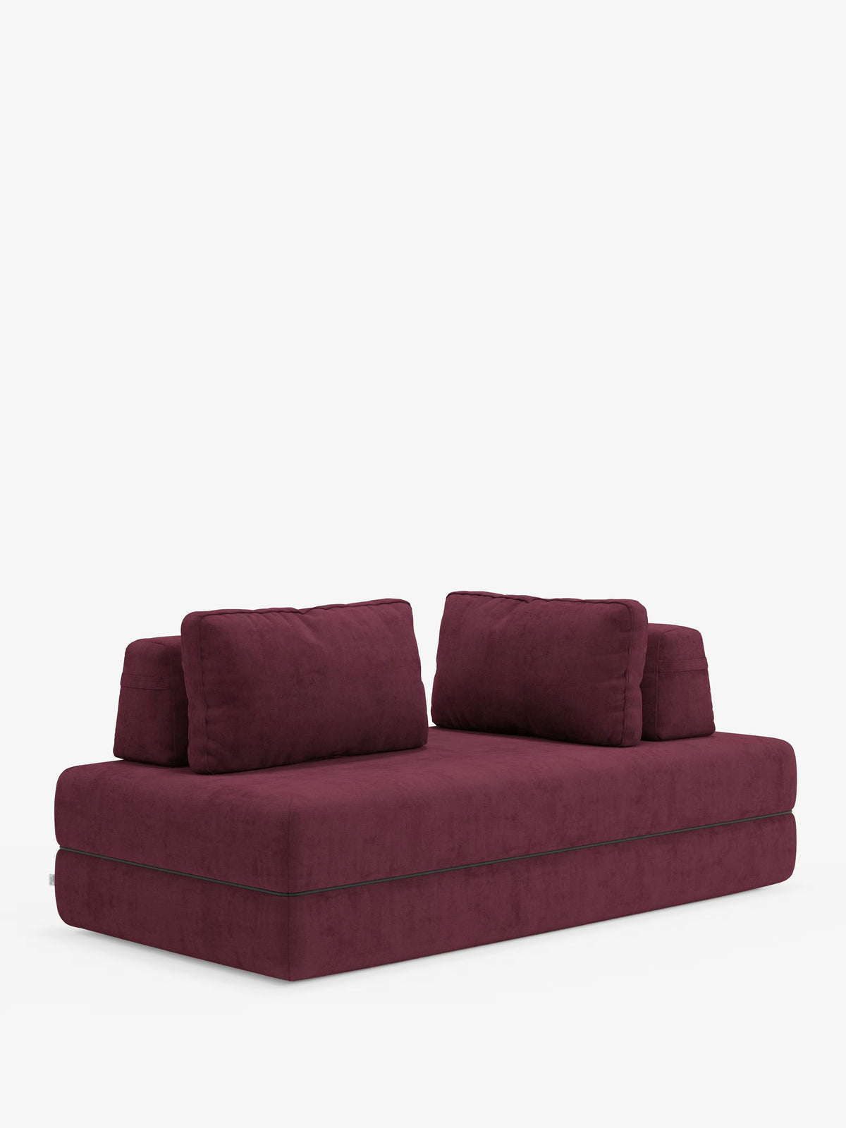 Un divano letto matrimoniale a 2 posti “Rift” di Divani.Store, in un intenso color bordeaux, caratterizzato da morbidi e spessi cuscini e da due schienali mobili rettangolari abbinati, è posto su uno sfondo bianco a tinta unita. La silhouette squadrata del divano e il rivestimento smacchiabile T31 sottolineano il design moderno e minimalista di questo divano di design, dotato di un materasso in memory foam alto 24 cm.