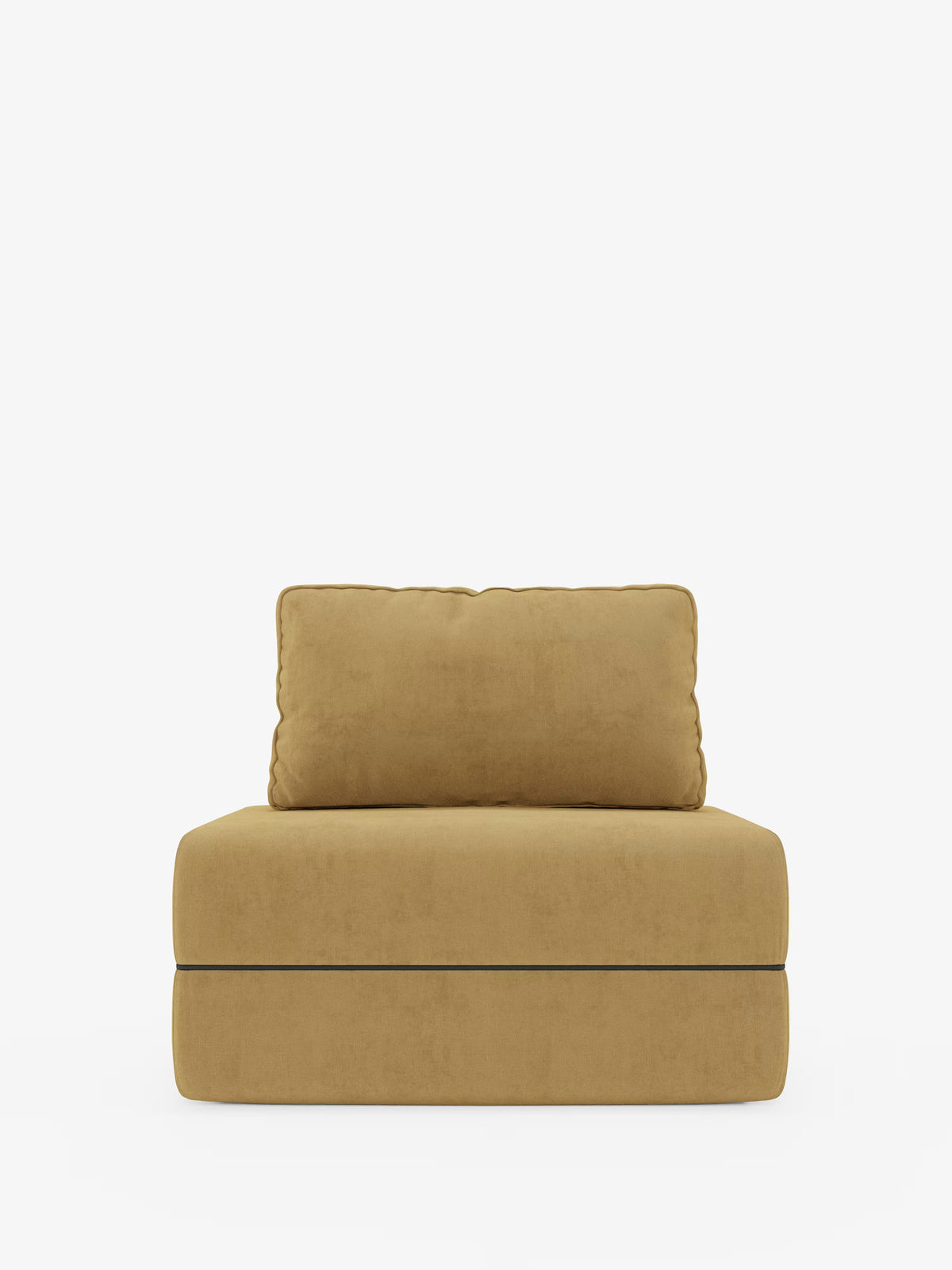 Al centro di uno sfondo bianco a tinta unita, la poltrona letto Rift con materasso alto 24 cm e memory foam di Divani.Store presenta un profilo singolo senza braccioli, rivestito in tessuto smacchiabile T31 giallo senape. Il morbido cuscino di seduta è abbinato a un cuscino rettangolare coordinato per lo schienale e a uno schienale mobile: una brillante soluzione salvaspazio ispirata al design delle poltrone letto.
