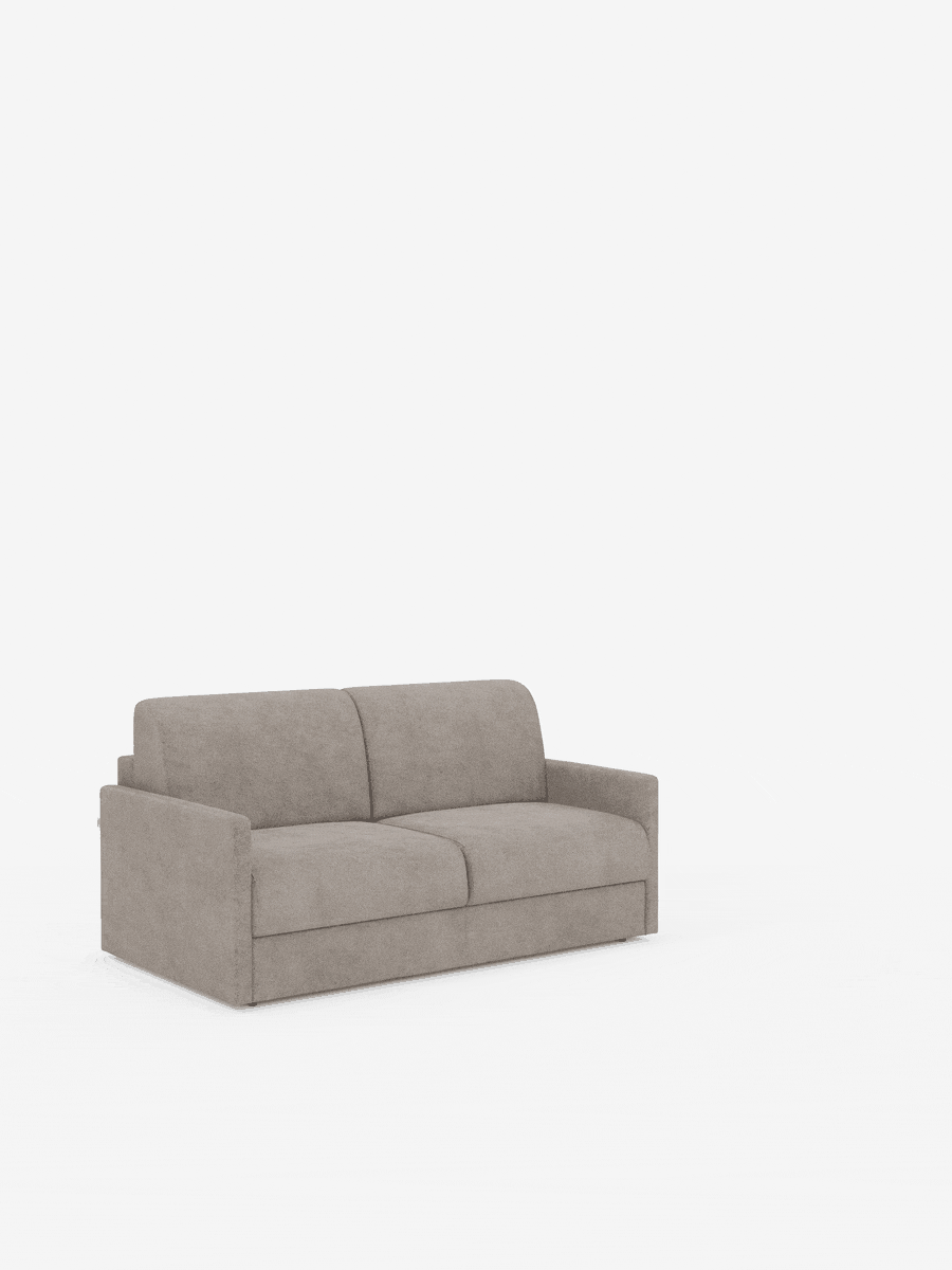 Un divano letto Tommy Divano a 2 e 3 posti, modello matrimoniale, dal design elegante e moderno in grigio chiaro, disponibile su Divani.Store, caratterizzato da braccioli sottili, due cuscini di seduta e due cuscini dello schienale. Rivestito in tessuto T33 simile al cotone, 100% sfoderabile e resistente alle macchie, questo divano è esposto su uno sfondo bianco a tinta unita, senza altri oggetti o decorazioni.