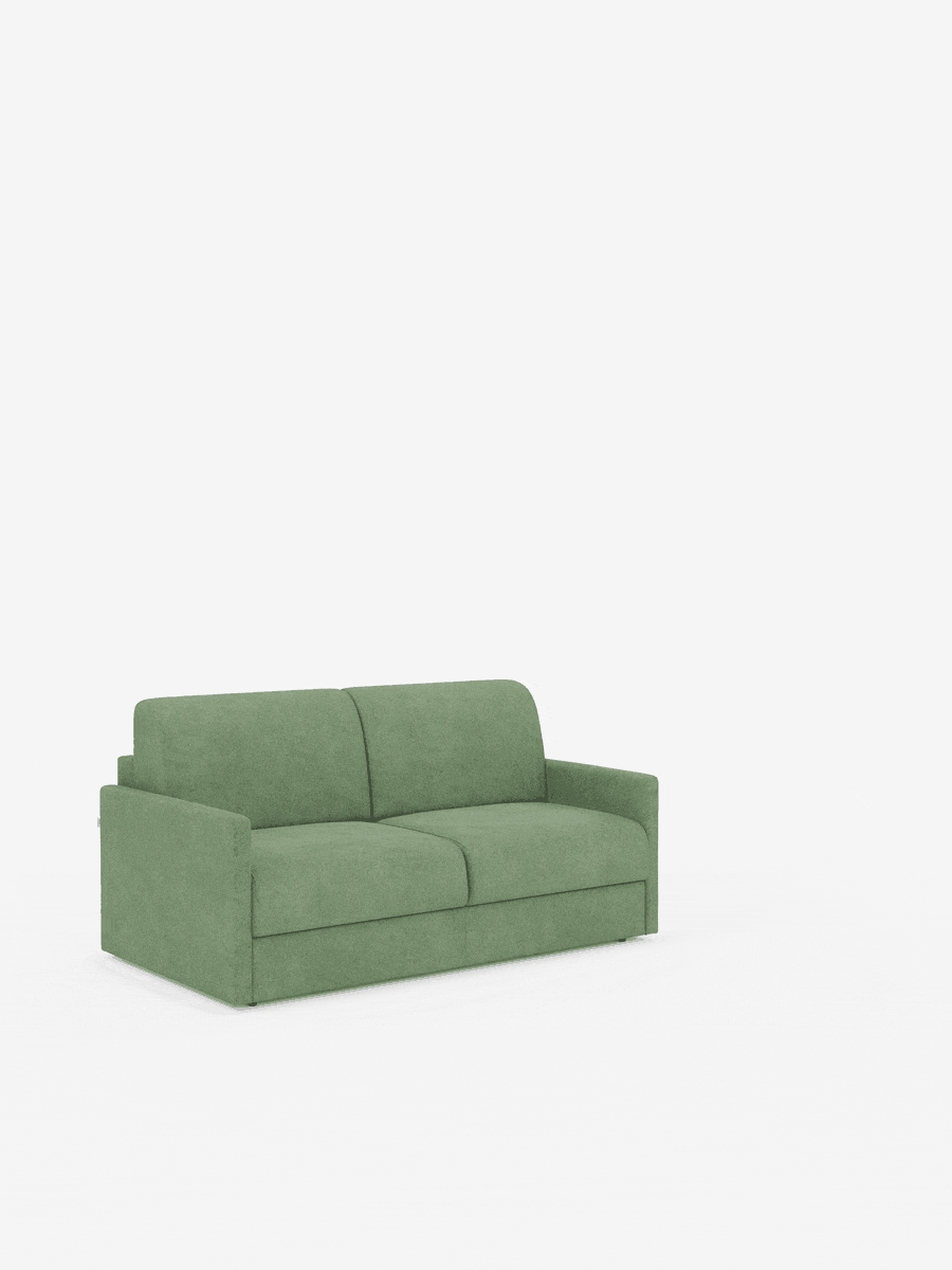 Un moderno divano letto Tommy Divano a 2 e 3 posti matrimoniale di Divani.Store, in verde chiaro, spicca su uno sfondo bianco a tinta unita. Questo divano minimalista presenta braccioli squadrati, linee pulite, morbidi cuscini di seduta e schienale e gambe non visibili. Rivestito in tessuto T33, simile al cotone e facile da pulire, il rivestimento è completamente sfoderabile per una maggiore praticità.