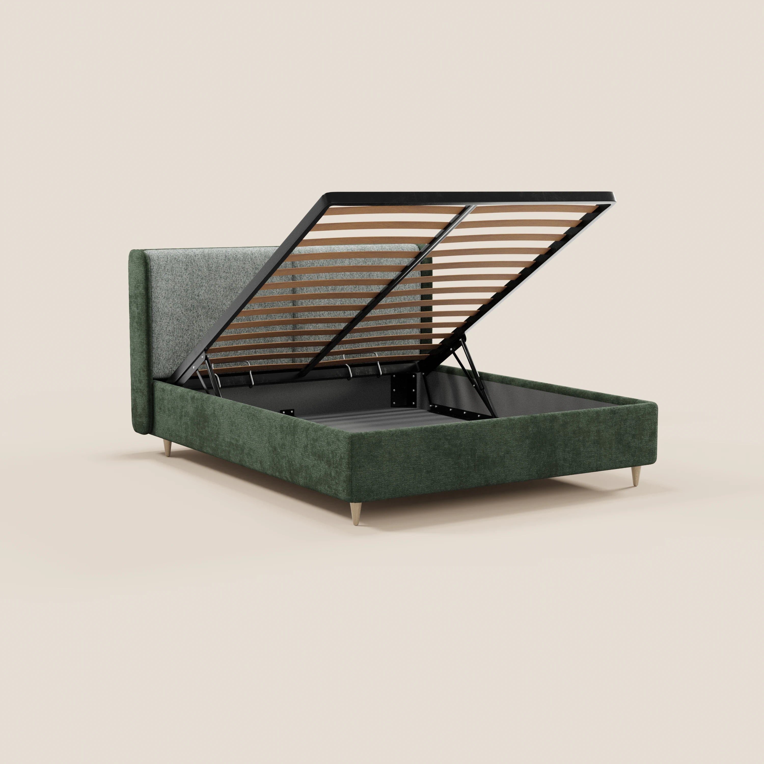 Il letto imbottito bicolore VALKIRIA di Letti.store è dotato di vano contenitore, cuscini per lo schienale e una testiera curva avvolgente. Il raffinato design italiano si distingue per le gambe corte e le linee eleganti che risaltano sullo sfondo beige.