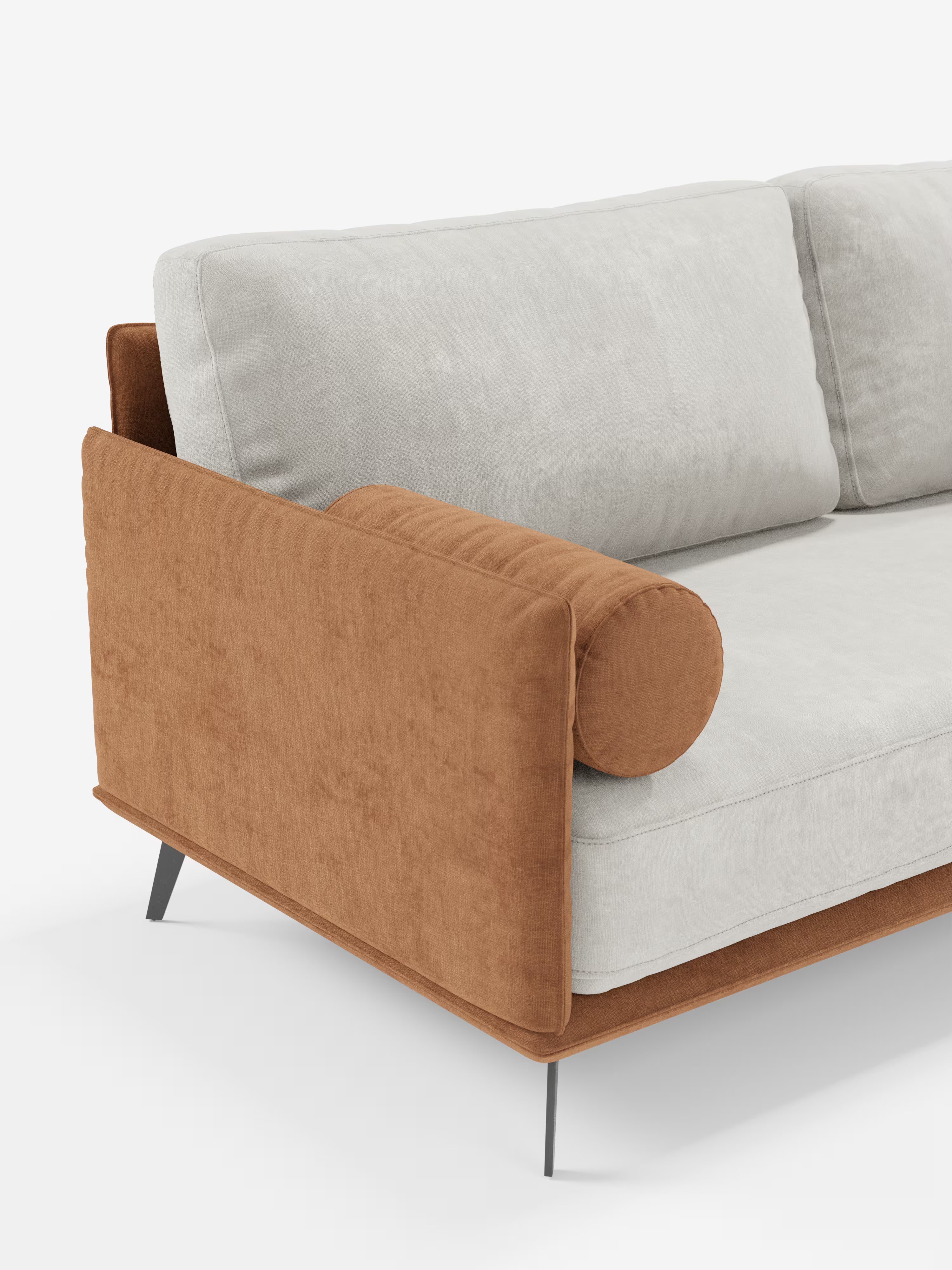 Basaltomodernes Sofa aus Zweifarbiges Ecksofa „Basalto“ mit Ausleger und Metallgestell – Rückenlehnen aus Daunen und fleckenabweisendem Stoff T31 weichem wasserfestem Stoff T03 grau