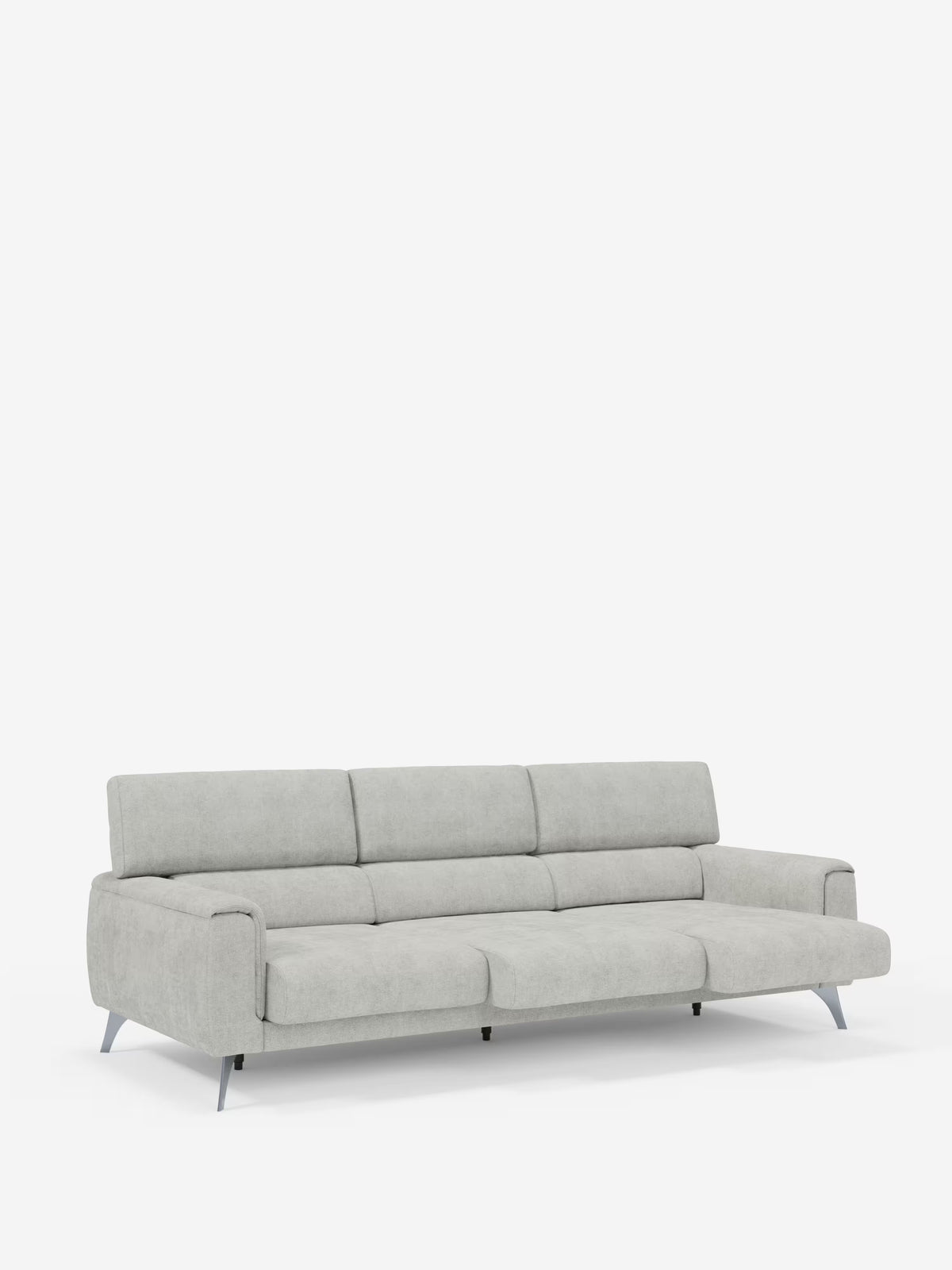 Vi presentiamo il divano Caravaggio a 4 posti con tre sedute scorrevoli di Divani.Store, un divano contemporaneo a quattro posti rivestito in tessuto T31 grigio chiaro resistente alle macchie. È dotato di tre cuscini di seduta scorrevoli, schienali bassi con poggiatesta reclinabili, ampi braccioli imbottiti ed eleganti gambe angolate in metallo, il tutto messo in risalto da uno sfondo bianco a tinta unita.
