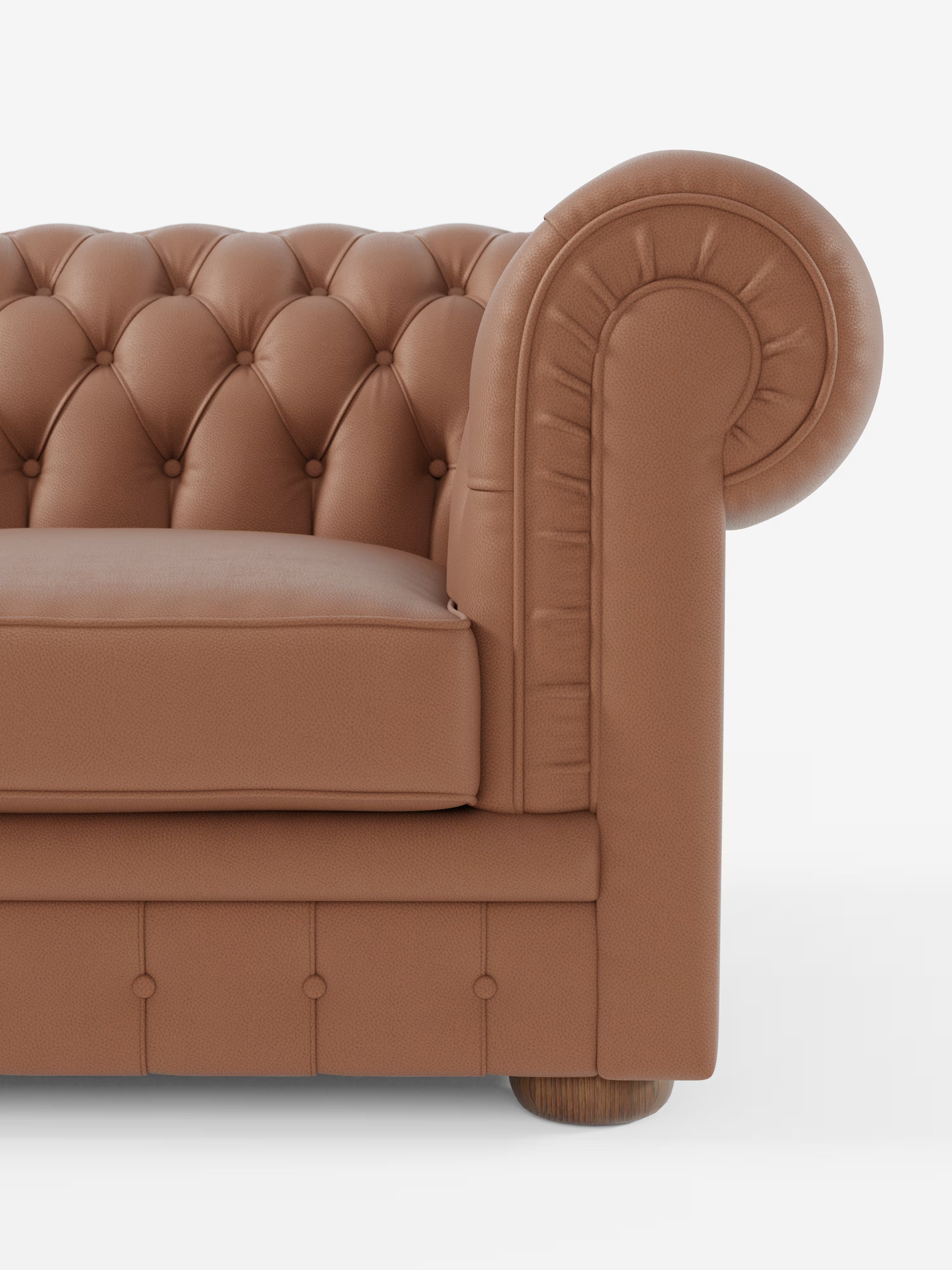 Primo piano del lato sinistro del divano Chester – Divano Chesterfield in vera pelle spessorata a 2 e 3 posti di Divani.Store, caratterizzato da schienale trapuntato, braccioli arrotondati con dettagli plissettati e seduta imbottita. Questo divano artigianale Made in Italy è rivestito in pregiata pelle marrone, con una gamba rotonda in legno visibile nella parte inferiore. Lo sfondo è bianco a tinta unita.