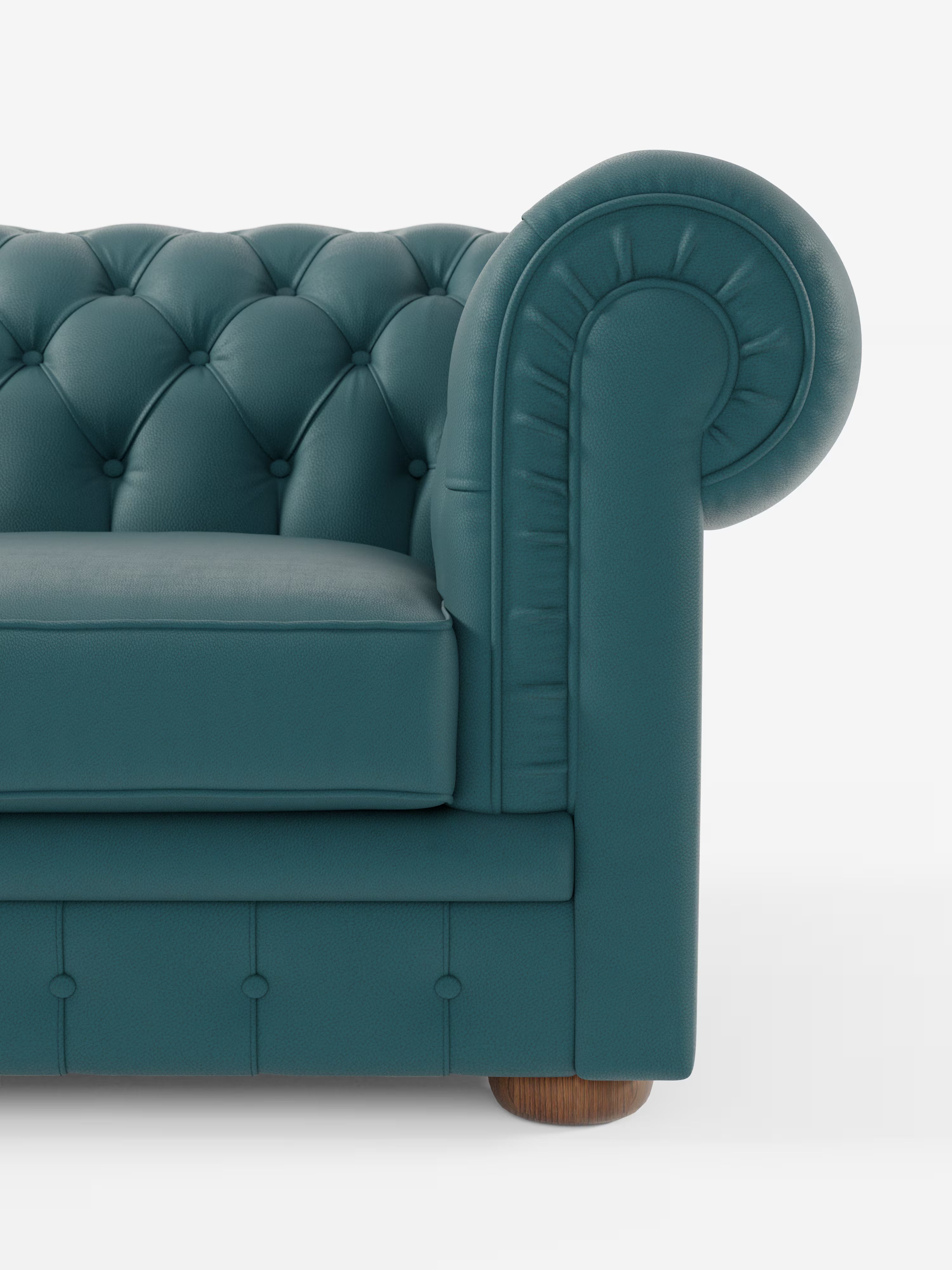 Immagine ritagliata del divano Divani.Store Chester 4 Posti 3 sedute in Vera Pelle – Chesterfield Capitonné Artigianale in verde acqua scuro, caratterizzato dal bracciolo destro con profonda trapuntatura a bottoni, rivestimento in vera pelle plissettata e una gamba cilindrica in legno. Lo sfondo è bianco a tinta unita.