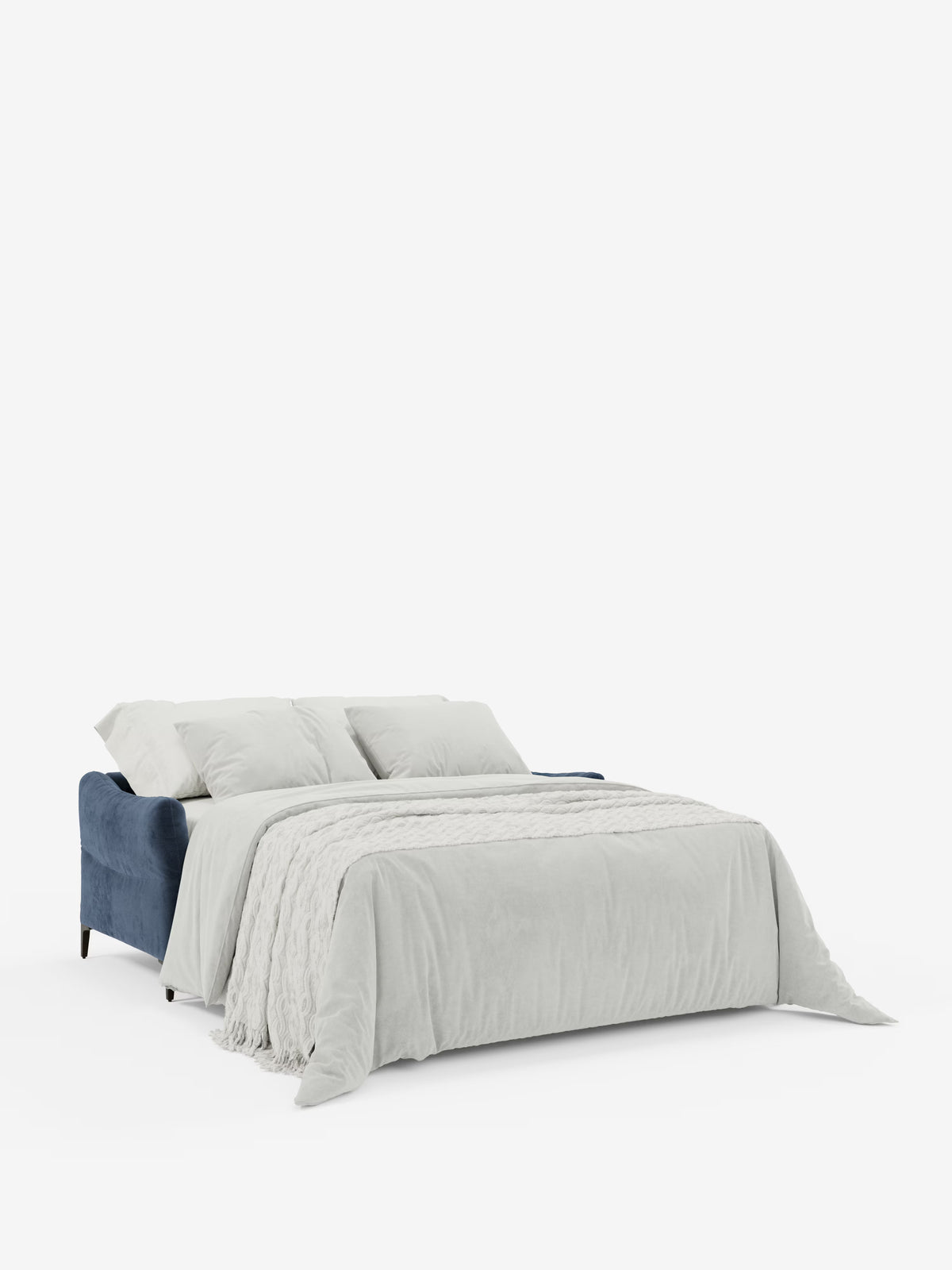 Caratterizzato dal divano letto Dalia di Divani.Store, questo letto presenta una testiera e una struttura imbottite in blu navy, realizzate in tessuto T30 vellutino, moderno e resistente alle macchie. Abbinato a biancheria da letto di un bianco immacolato, due grandi cuscini bianchi e una soffice coperta bianca, il letto fa da contrappunto a uno sfondo bianco a tinta unita. Richiamando le linee pulite tipiche dei divani scandinavi (divano scandinavo), il letto è rifatto con cura, con la biancheria che