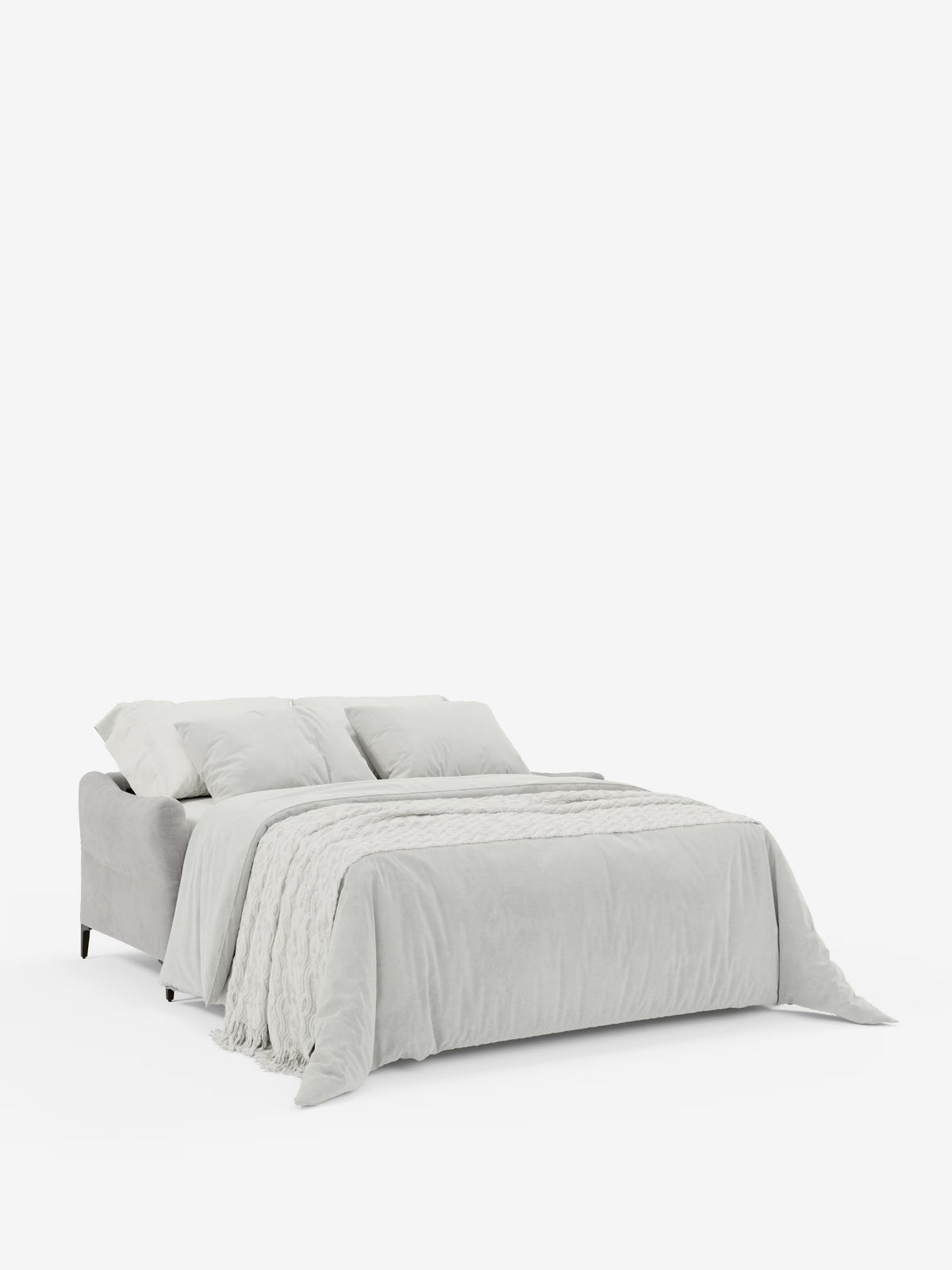 Un letto moderno caratterizzato da una testiera imbottita grigio chiaro, biancheria da letto coordinata dello stesso colore, una coperta testurizzata drappeggiata con disinvoltura e quattro cuscini abbinati, che evoca l’eleganza raffinata del divano letto Dalia a 2, 3 e 4 posti con materasso H18 in moderno tessuto vellutino smacchiabile T30 di Divani.Store. L’estetica complessiva è al tempo stesso accogliente e funzionale, e richiama il comfort di alta qualità offerto dal suo materasso da 18 cm, il tutto