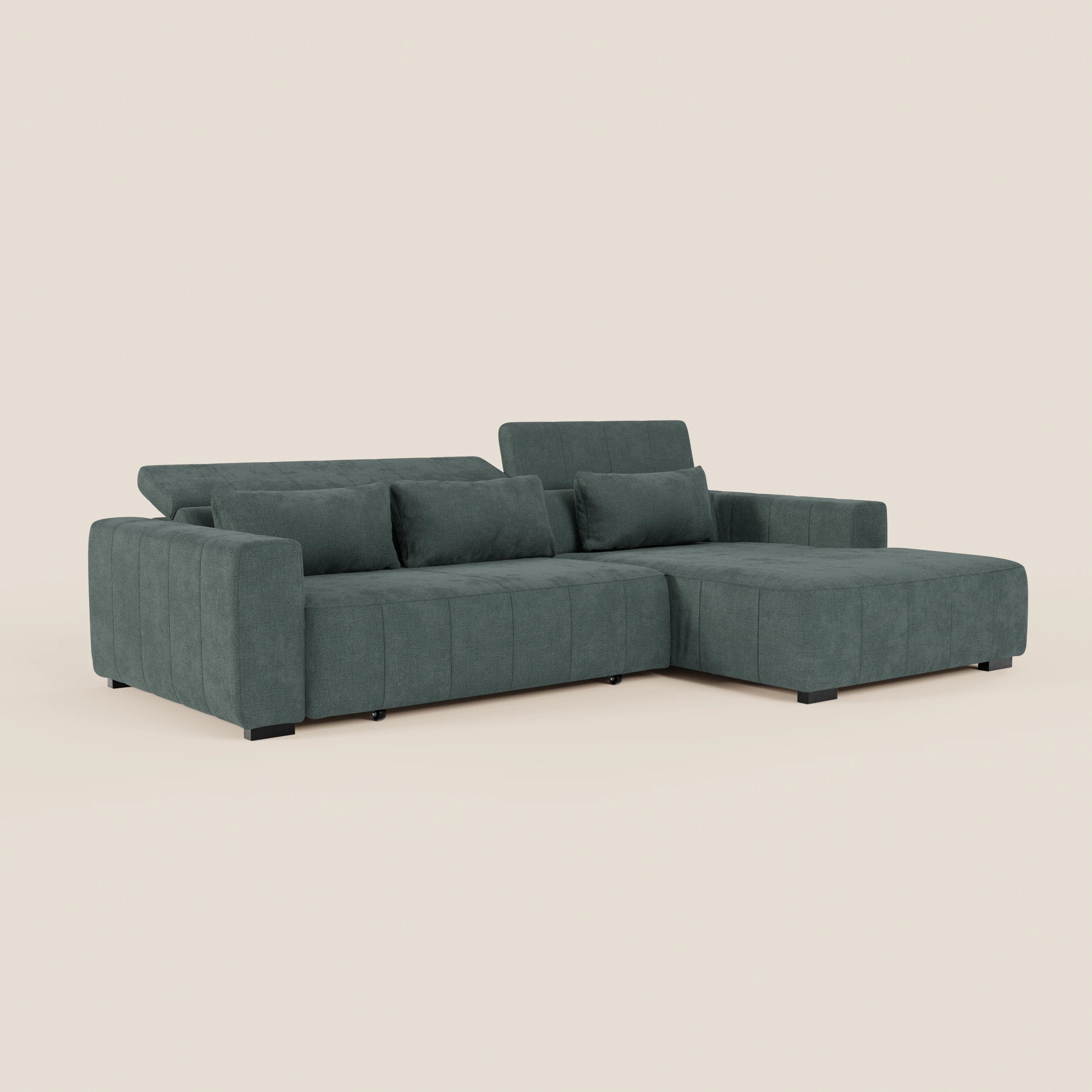 Doric Divano angolare con penisola e sedute allungabili con relax elettrico - poggiatesta reclinabili in tessuto smacchiabile T23